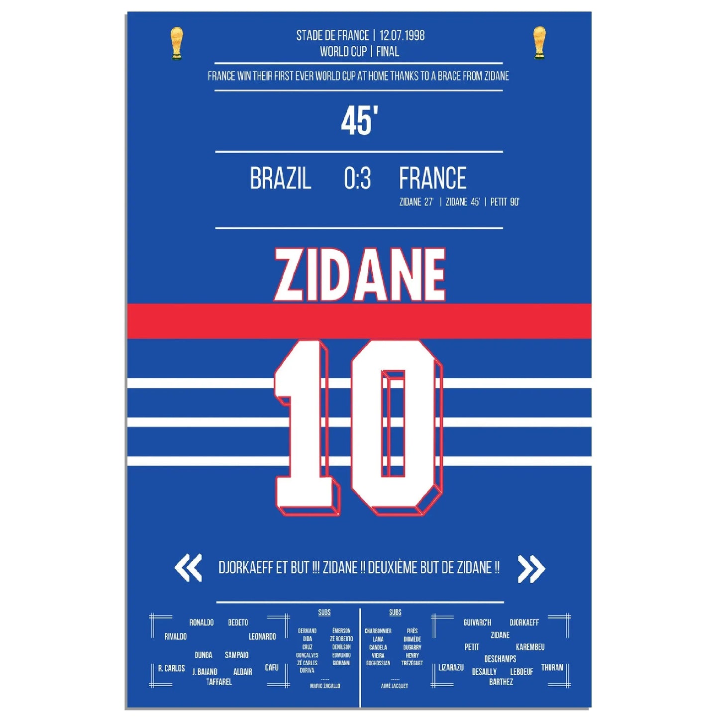 Zidane Kopfball-Doppelpack zu Frankreichs ersten WM Titel 1998 gegen Brasilien 60x90-cm-24x36-Ohne-Rahmen