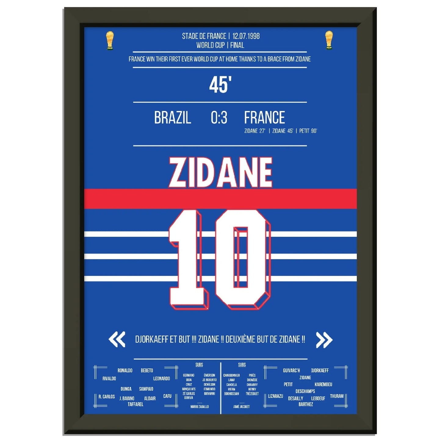 Zidane Kopfball-Doppelpack zu Frankreichs ersten WM Titel 1998 gegen Brasilien A4-21x29.7-cm-8x12-Schwarzer-Aluminiumrahmen