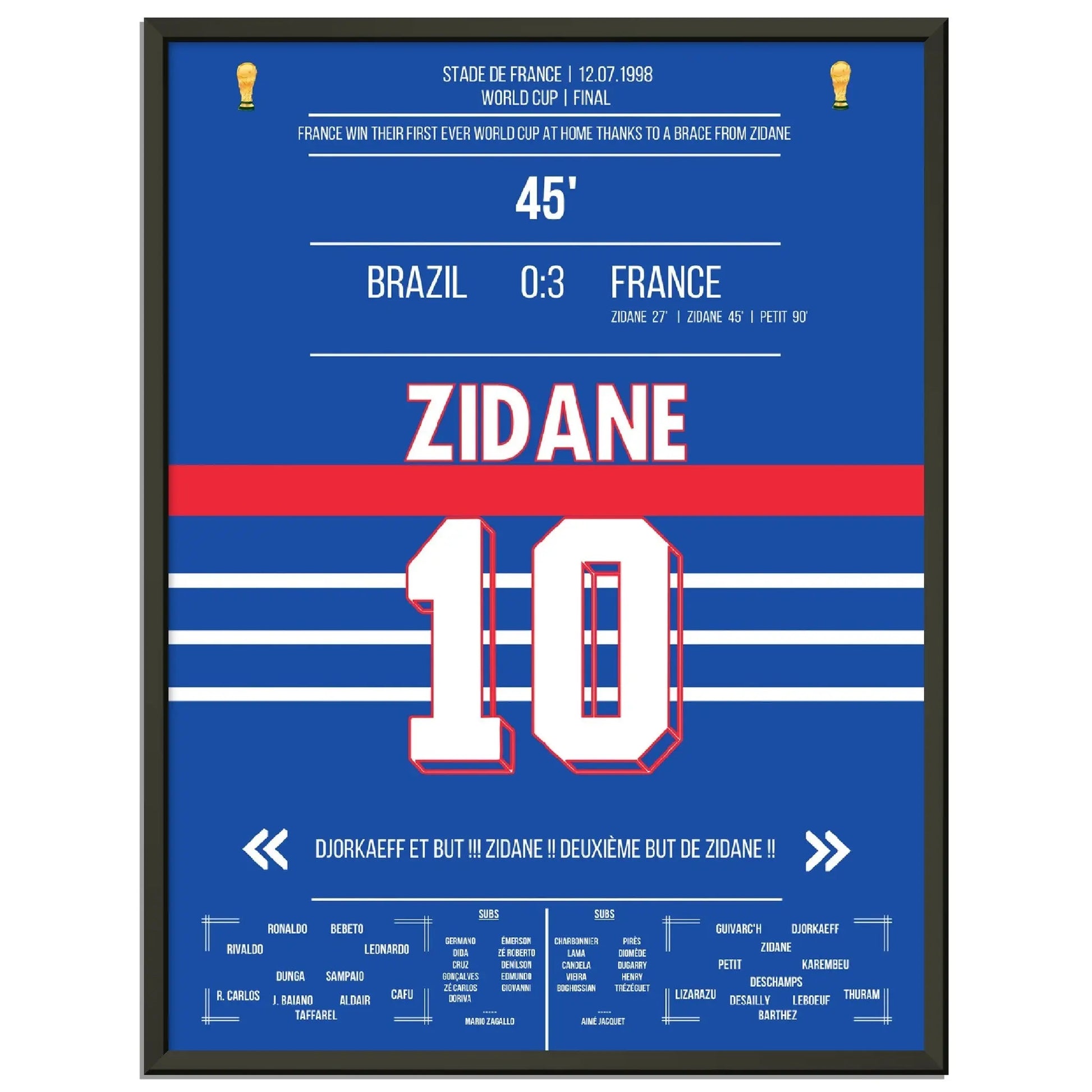 Zidane Kopfball-Doppelpack zu Frankreichs ersten WM Titel 1998 gegen Brasilien 45x60-cm-18x24-Schwarzer-Aluminiumrahmen