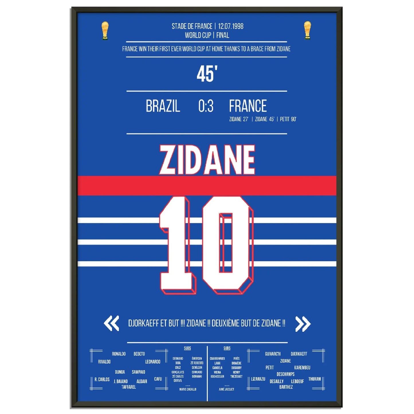 Zidane Kopfball-Doppelpack zu Frankreichs ersten WM Titel 1998 gegen Brasilien 60x90-cm-24x36-Schwarzer-Aluminiumrahmen