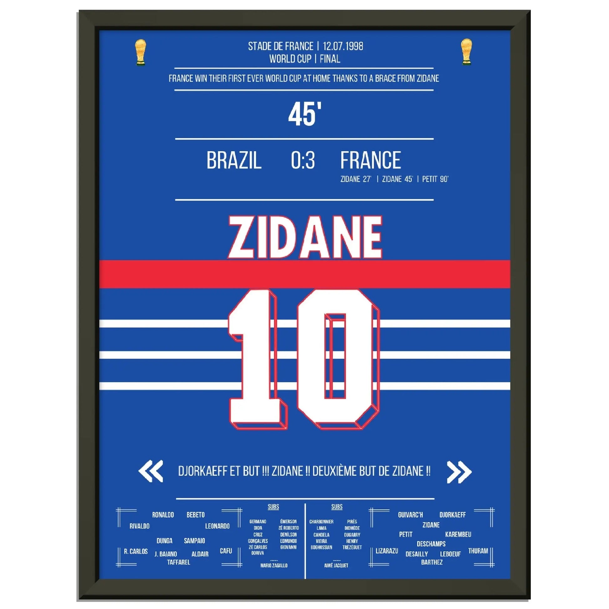Zidane Kopfball-Doppelpack zu Frankreichs ersten WM Titel 1998 gegen Brasilien 30x40-cm-12x16-Schwarzer-Aluminiumrahmen