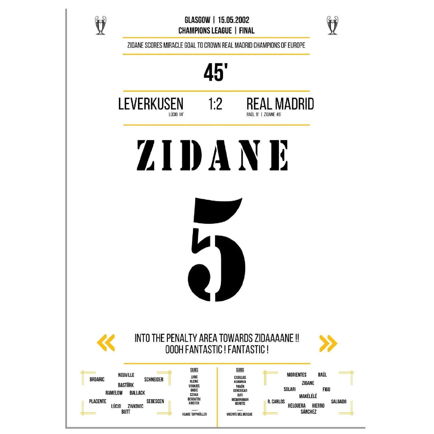 Zidanes außergewöhnliches Volley-Tor in Champions League Finale 2002 gegen Leverkusen 50x70-cm-20x28-Ohne-Rahmen