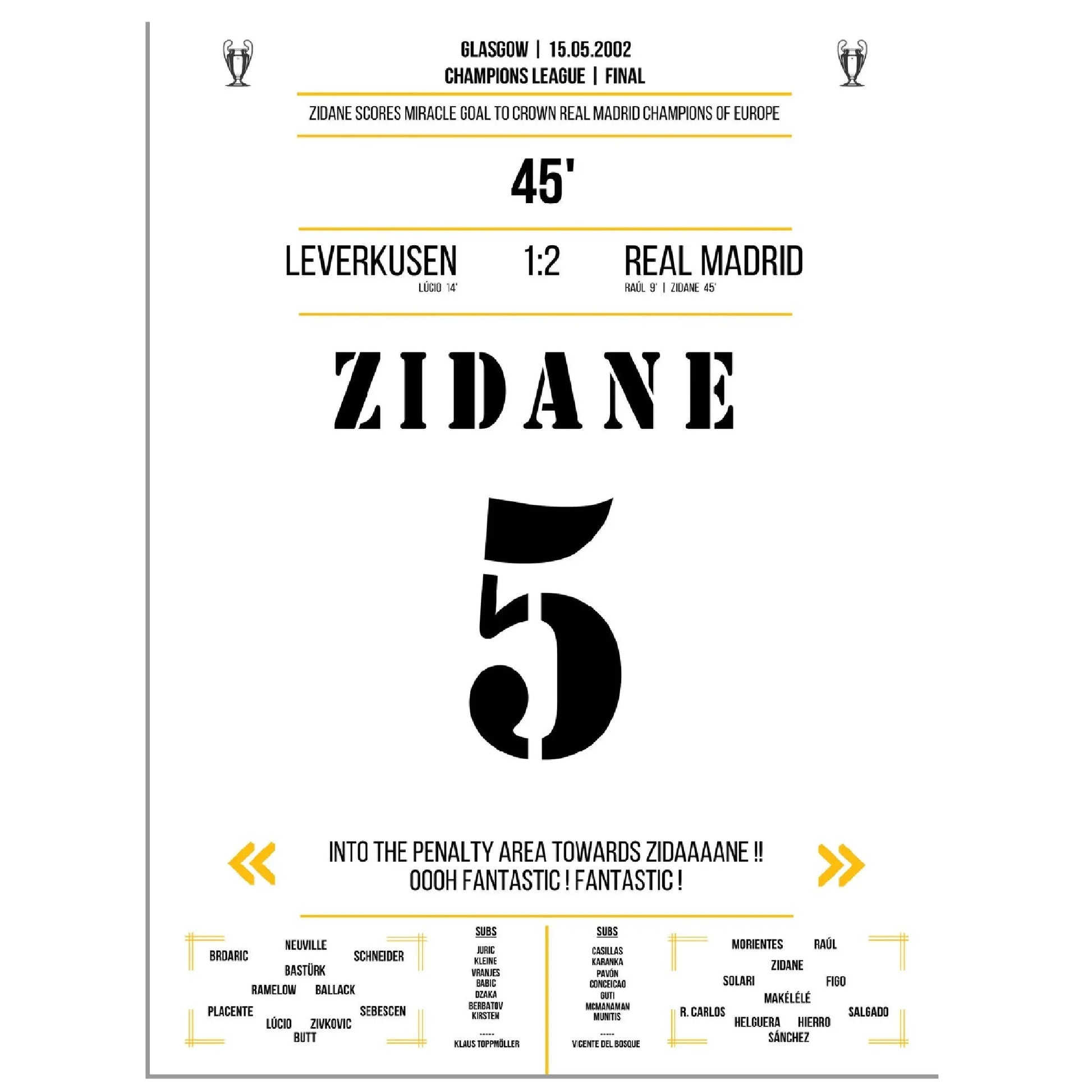 Zidanes außergewöhnliches Volley-Tor in Champions League Finale 2002 gegen Leverkusen 45x60-cm-18x24-Ohne-Rahmen