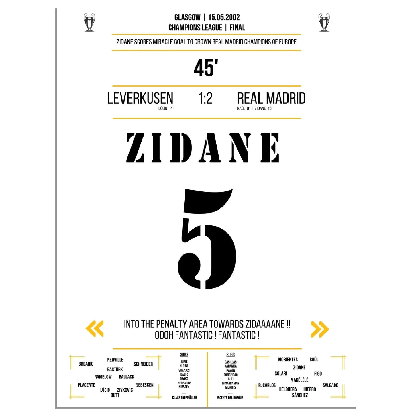 Zidanes außergewöhnliches Volley-Tor in Champions League Finale 2002 gegen Leverkusen 30x40-cm-12x16-Ohne-Rahmen