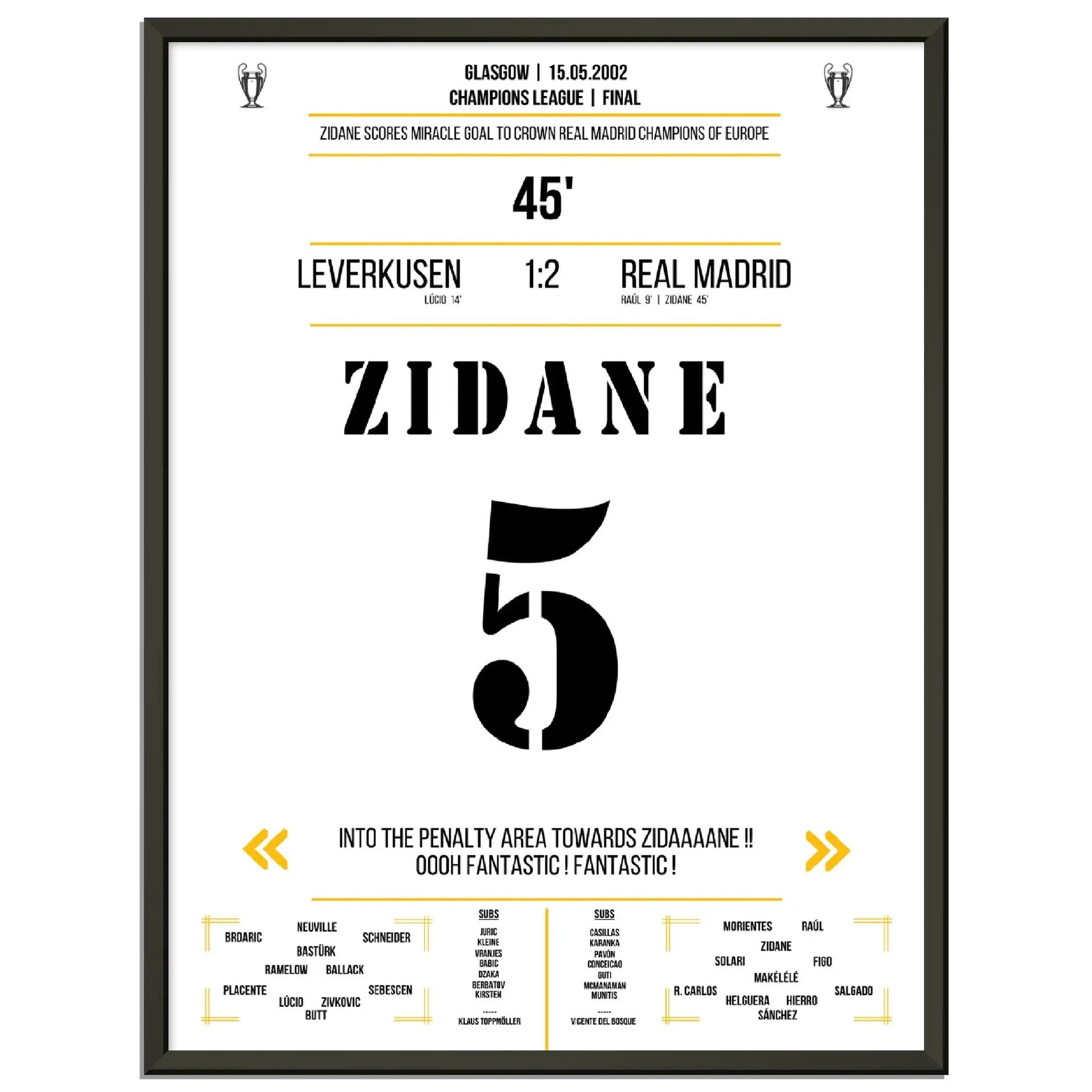 Zidanes außergewöhnliches Volley-Tor in Champions League Finale 2002 gegen Leverkusen 45x60-cm-18x24-Schwarzer-Aluminiumrahmen