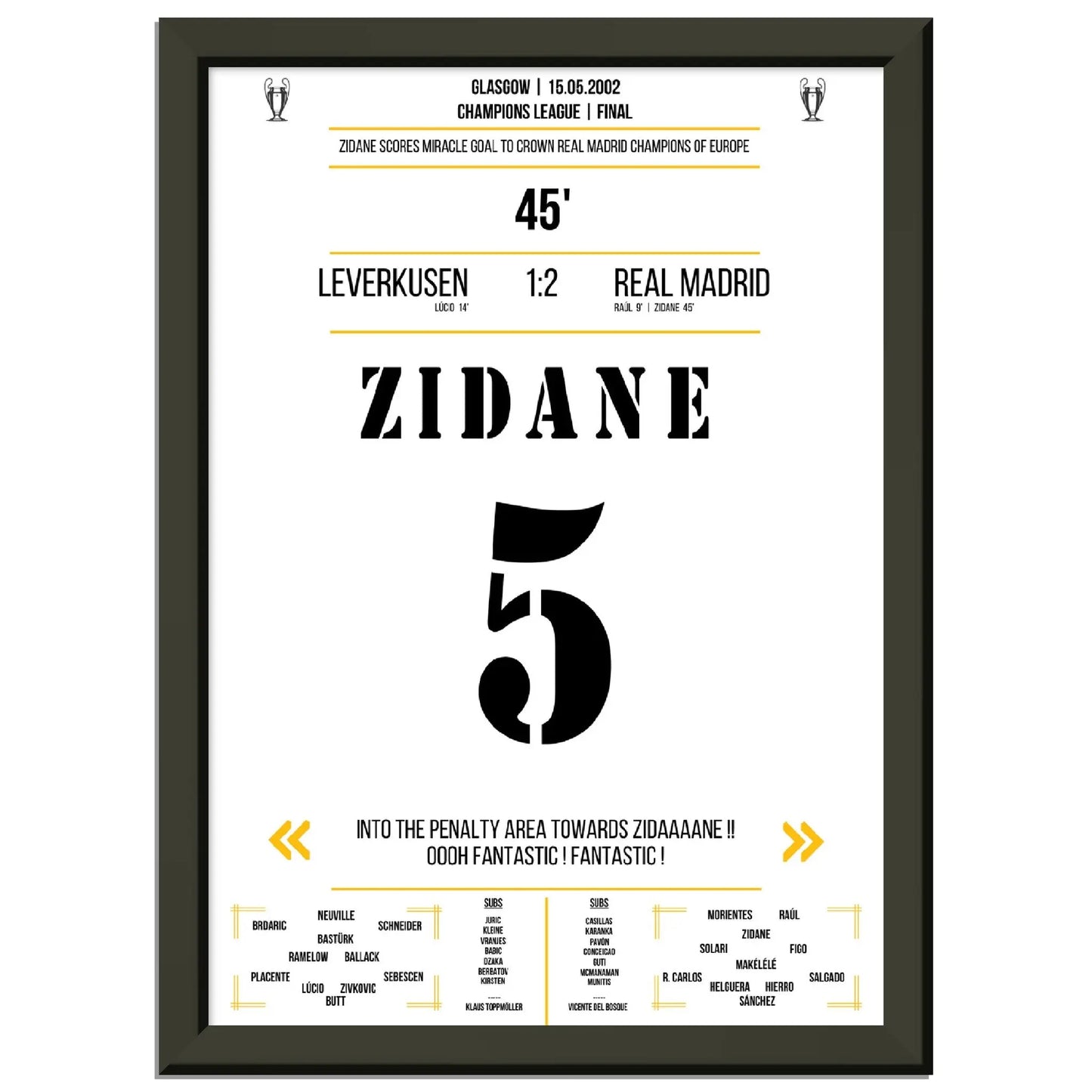 Zidanes außergewöhnliches Volley-Tor in Champions League Finale 2002 gegen Leverkusen A4-21x29.7-cm-8x12-Schwarzer-Aluminiumrahmen