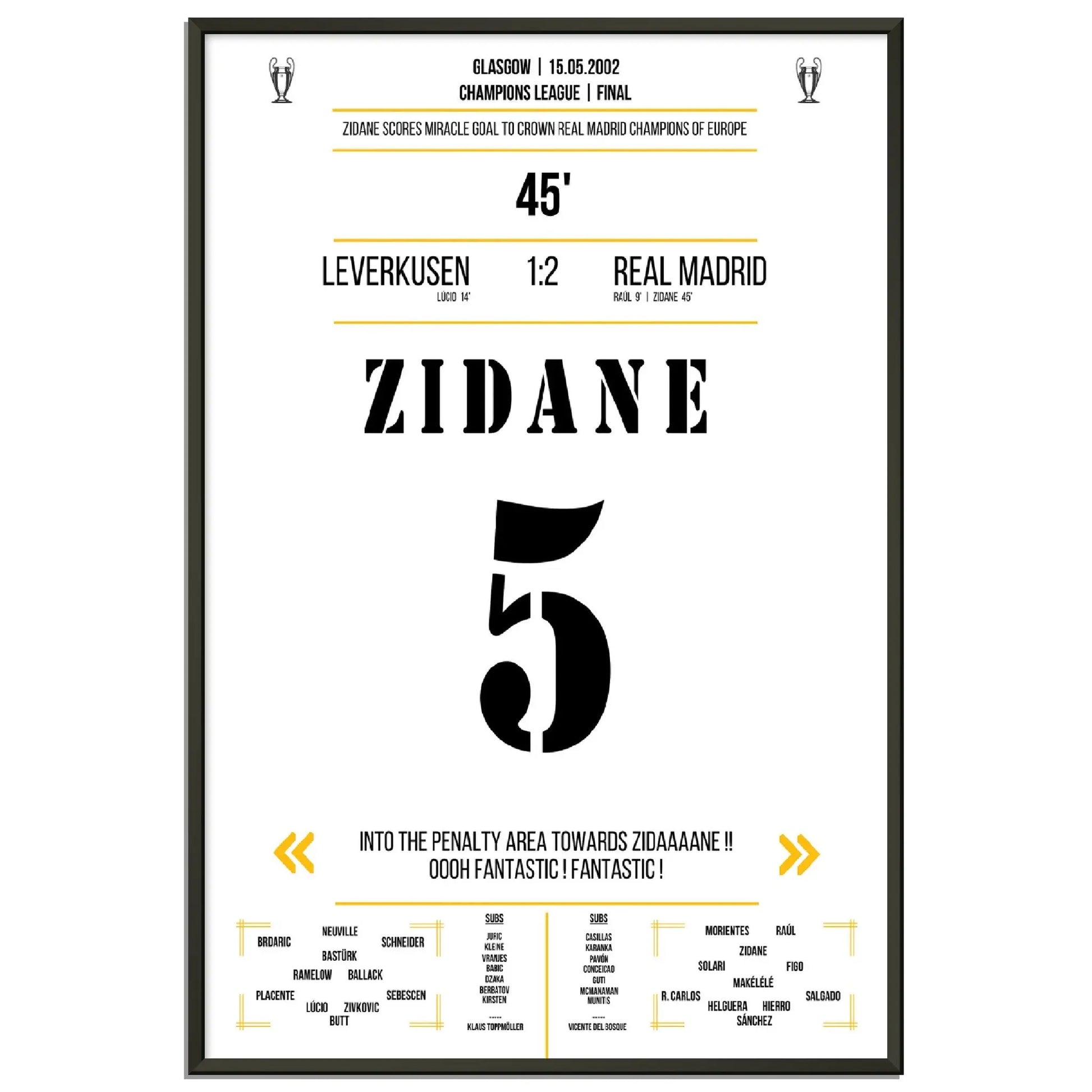 Zidanes außergewöhnliches Volley-Tor in Champions League Finale 2002 gegen Leverkusen 60x90-cm-24x36-Schwarzer-Aluminiumrahmen