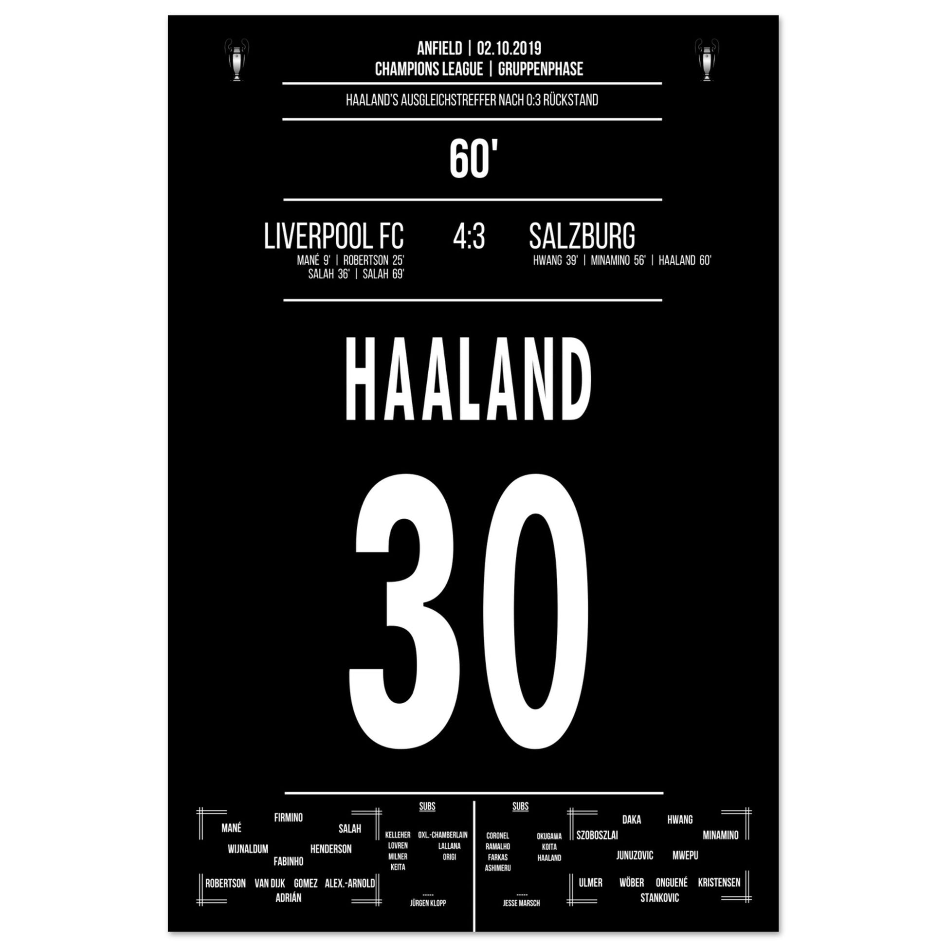 Haaland's Auslgeichstreffer bei Salzburg's wildem Fight in Anfield 2019 60x90-cm-24x36-Ohne-Rahmen