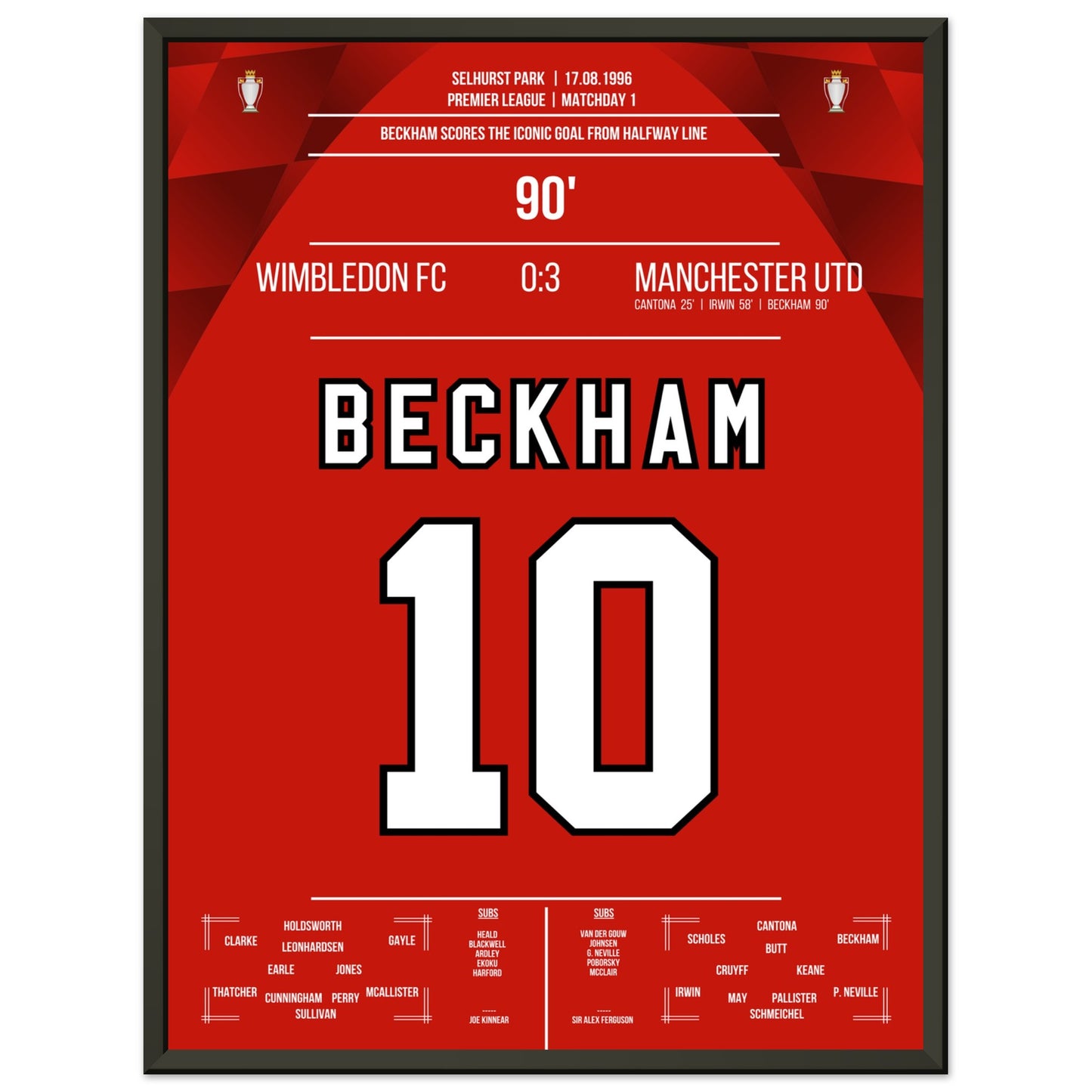Beckham's Tor von der Mittellinie beim Auswärtsspiel gegen Wimbledon 1996 45x60-cm-18x24-Schwarzer-Aluminiumrahmen