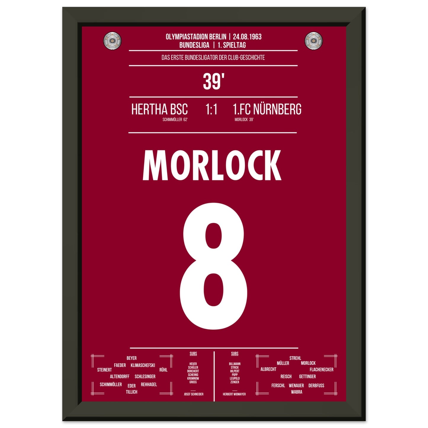 Morlock erzielt das erste Bundesliga-Tor des FCN in 1963 A4-21x29.7-cm-8x12-Schwarzer-Aluminiumrahmen