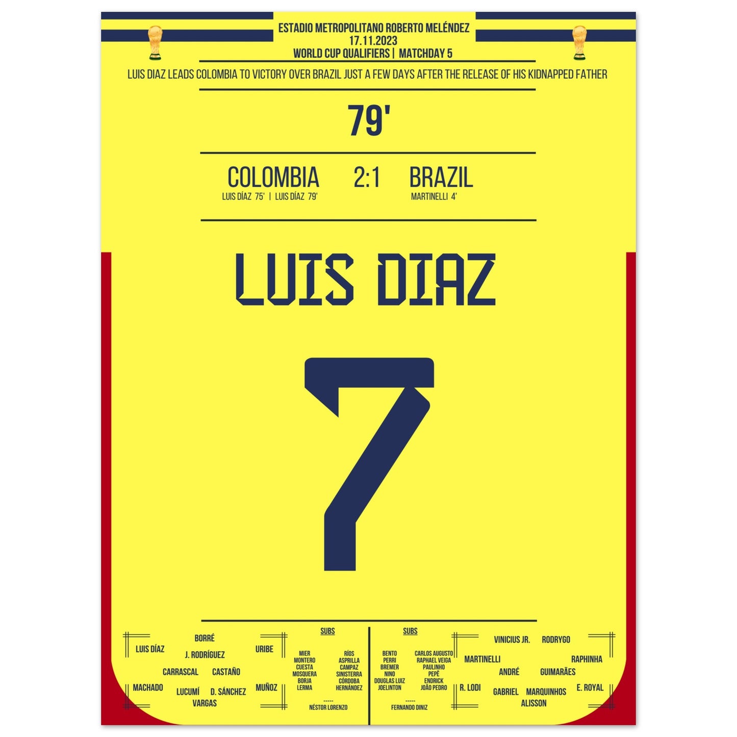 Luis Diaz schießt Kolumbien zum Sieg gegen Brasilien und widmet es seinem Vater 30x40-cm-12x16-Ohne-Rahmen