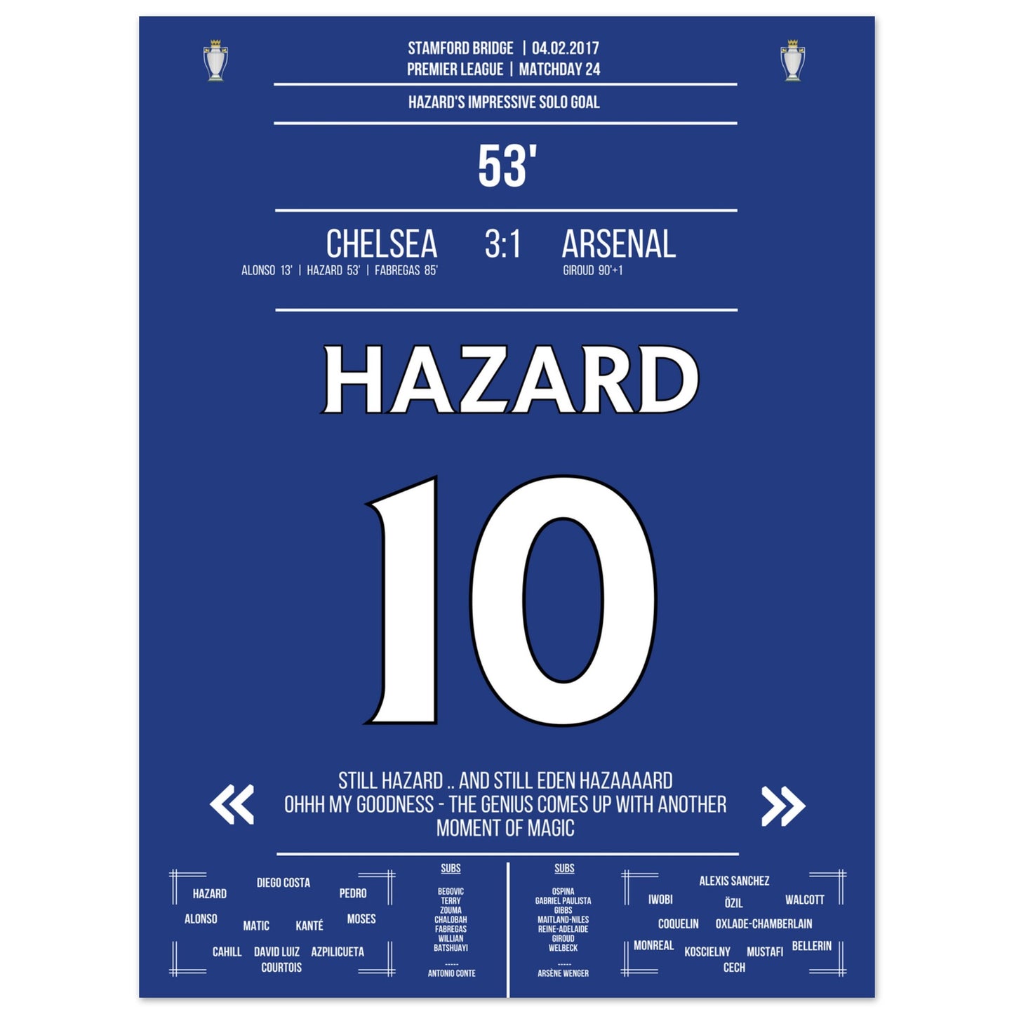 Hazard's Weltklasse-Solo gegen Arsenal in 2017 30x40-cm-12x16-Ohne-Rahmen