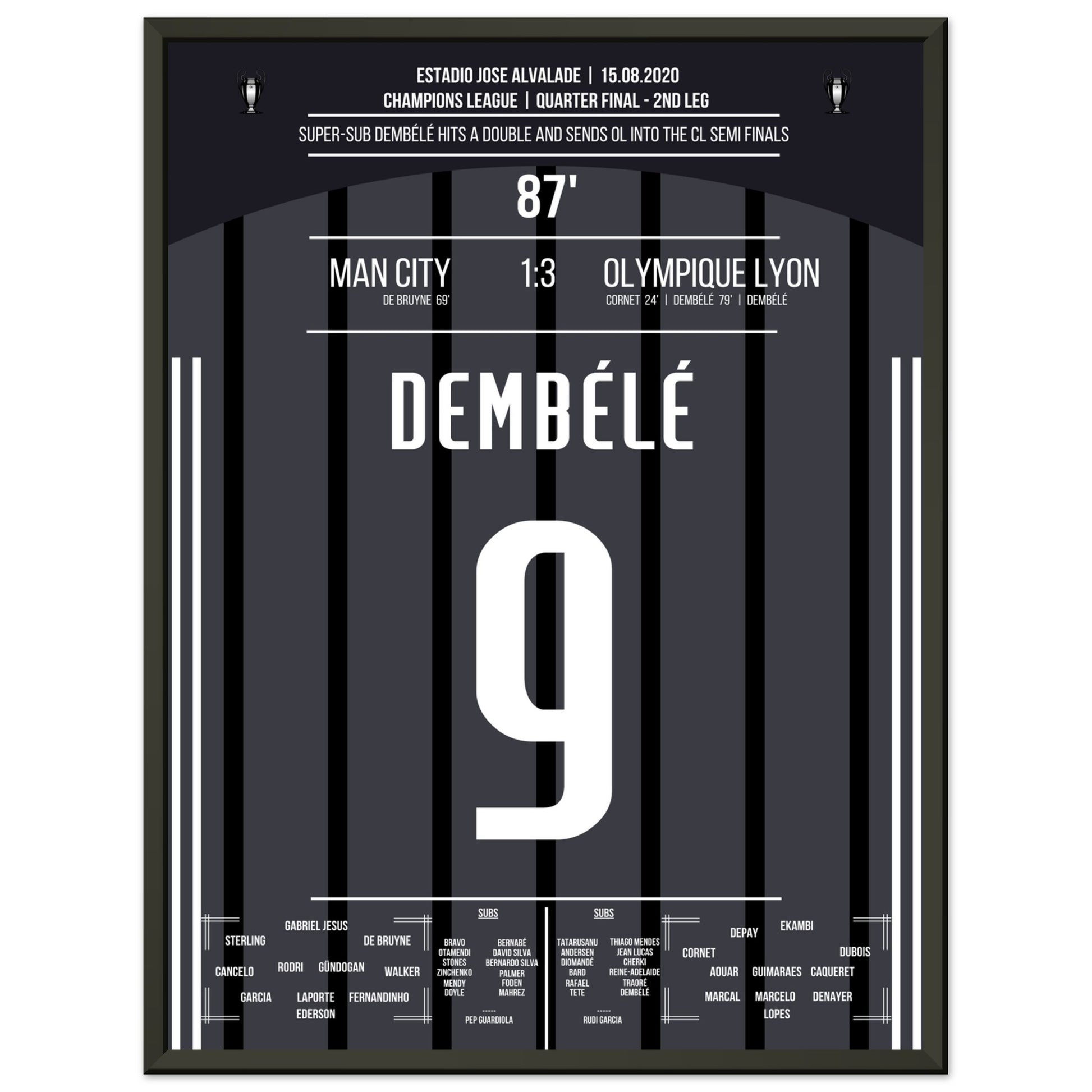 Dembélé schießt OL ins Halbfinale der Champions League 45x60-cm-18x24-Schwarzer-Aluminiumrahmen