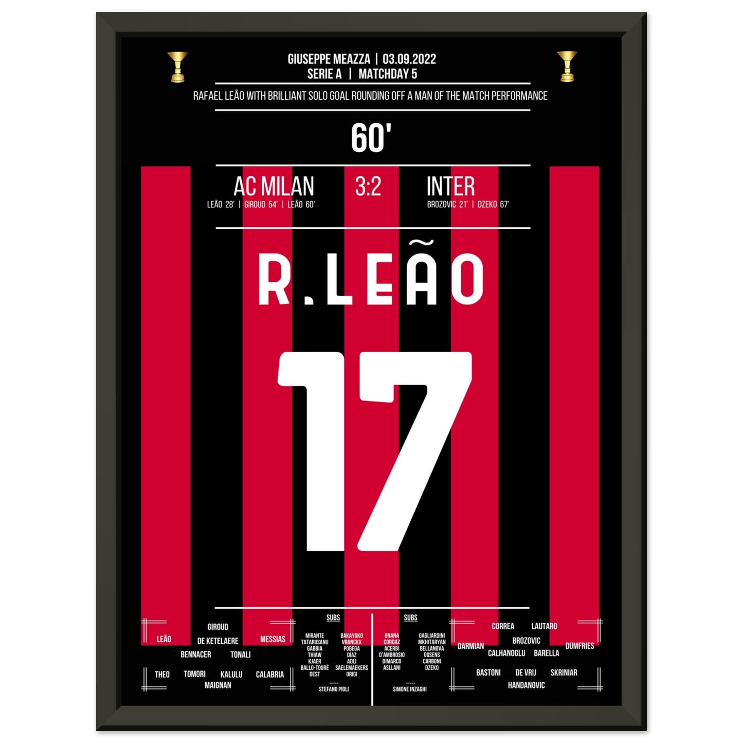 Man Of The Match Performance von Rafael Leão im Derby gegen Inter 30x40-cm-12x16-Schwarzer-Aluminiumrahmen
