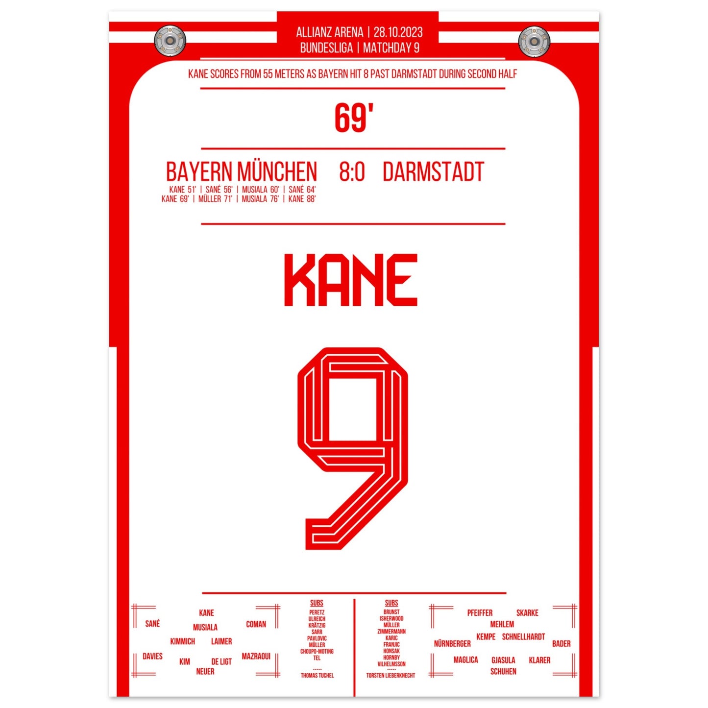 Kane's Traumtor aus 55 Metern bei 8-0 Sieg gegen Darmstadt 50x70-cm-20x28-Ohne-Rahmen
