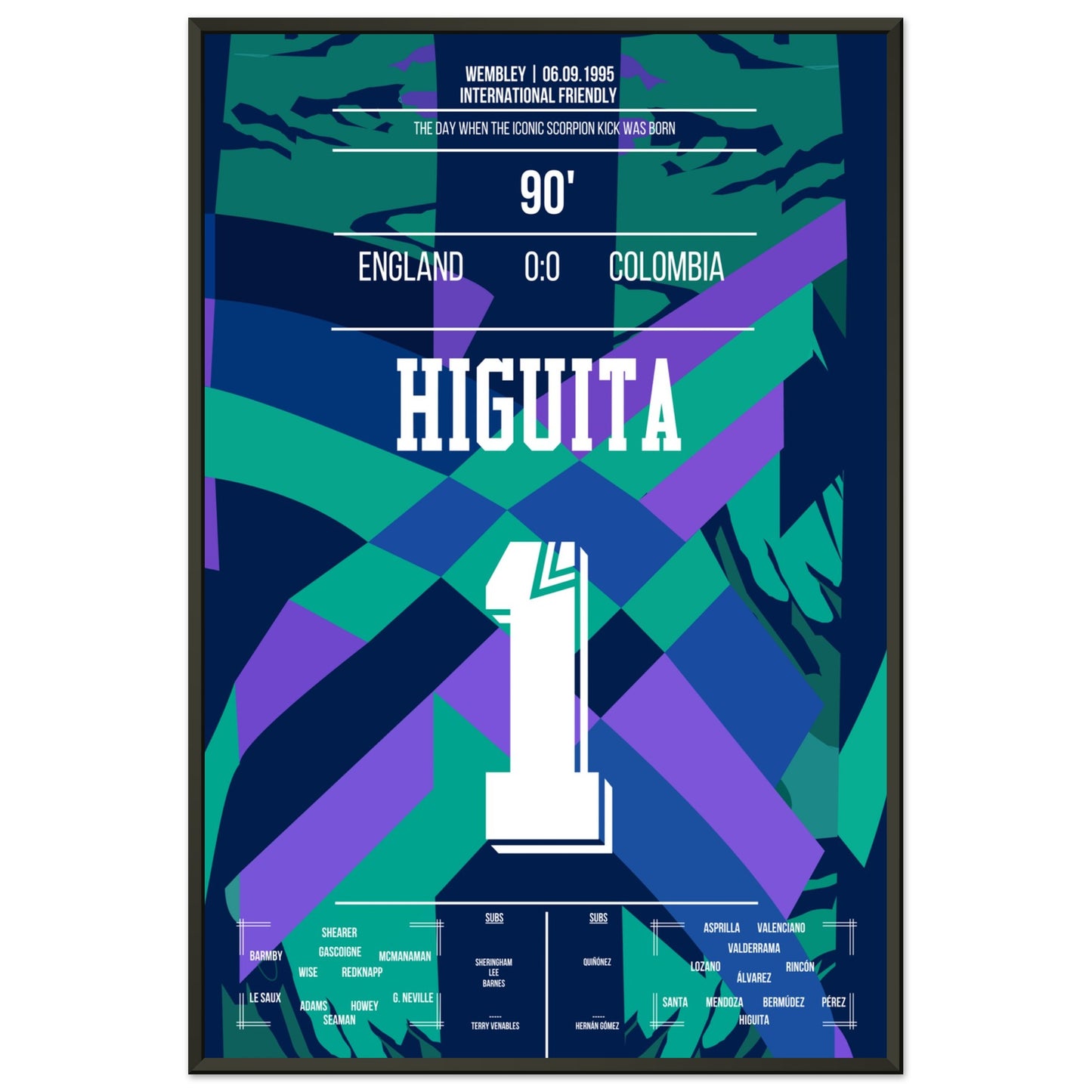 Higuita's Scorpion-Kick gegen England 1996 60x90-cm-24x36-Schwarzer-Aluminiumrahmen