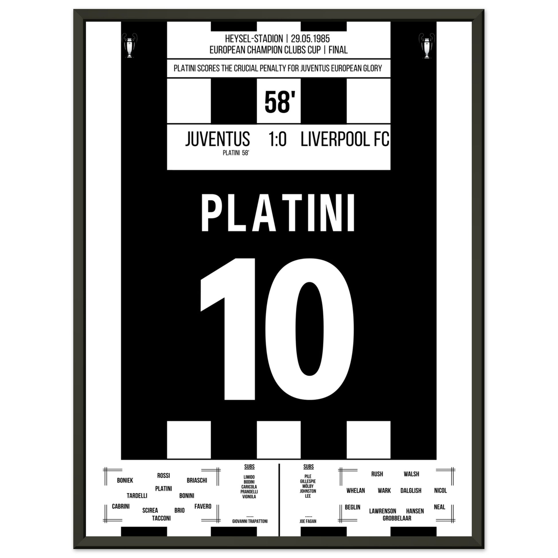 Platini mit entscheidendem Elfmeter gegen Liverpool im Europapokalfinale 1985 45x60-cm-18x24-Schwarzer-Aluminiumrahmen