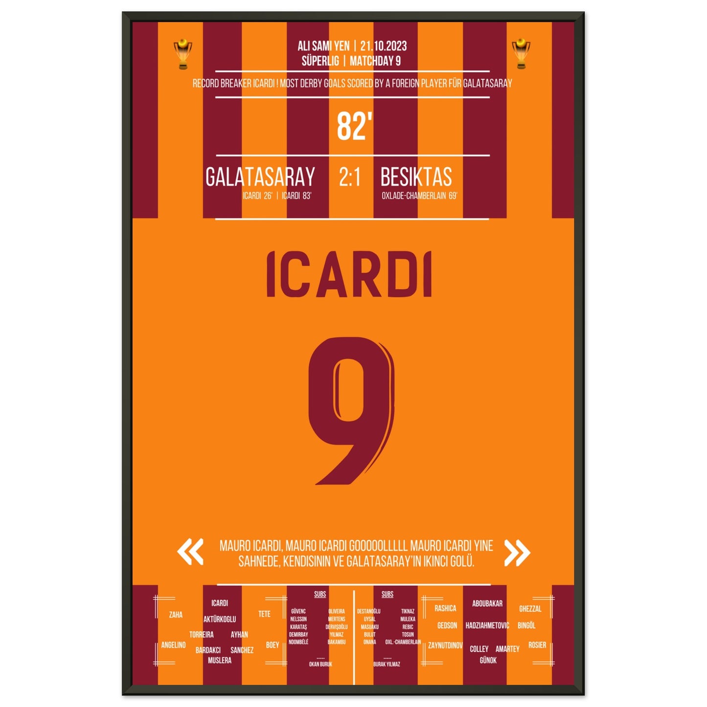 Man Of The Match Icardi bricht den Rekord gegen Besiktas 60x90-cm-24x36-Schwarzer-Aluminiumrahmen