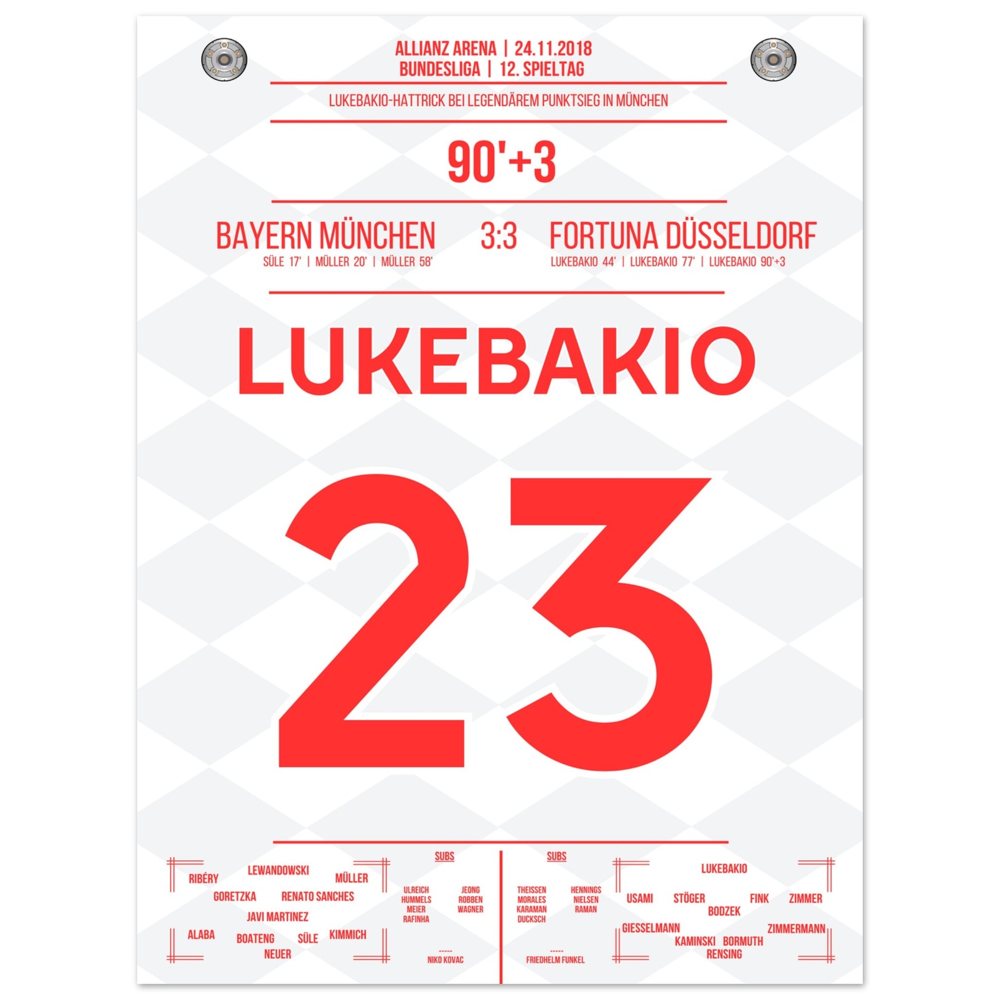 Lukebakio Hattrick gegen Bayern in 2018 30x40-cm-12x16-Ohne-Rahmen