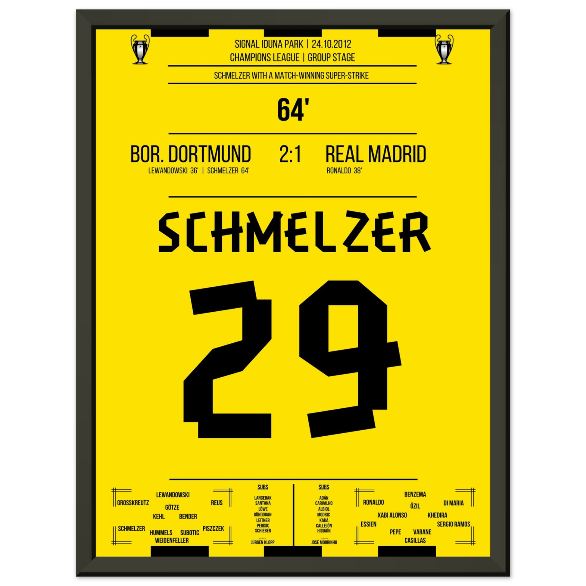 Schmelzer's linke Klebe gegen Real in der Champions League 2012 30x40-cm-12x16-Schwarzer-Aluminiumrahmen
