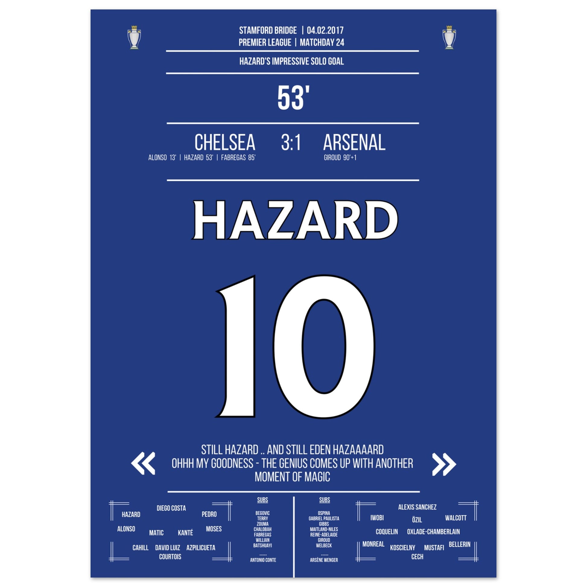 Hazard's Weltklasse-Solo gegen Arsenal in 2017 50x70-cm-20x28-Ohne-Rahmen