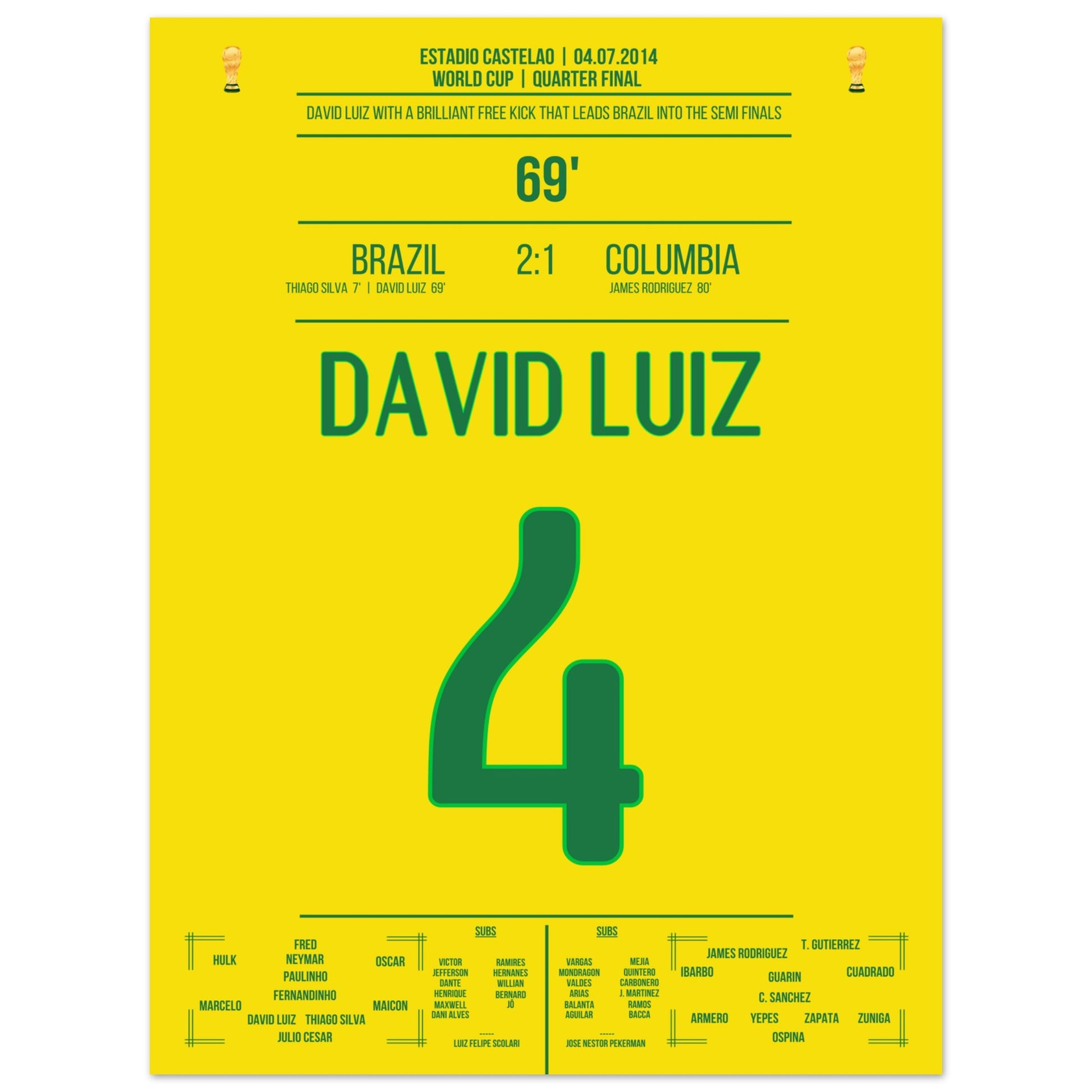 David Luiz Freistoß-Tor gegen Kolumbien bei der WM 2014 45x60-cm-18x24-Ohne-Rahmen