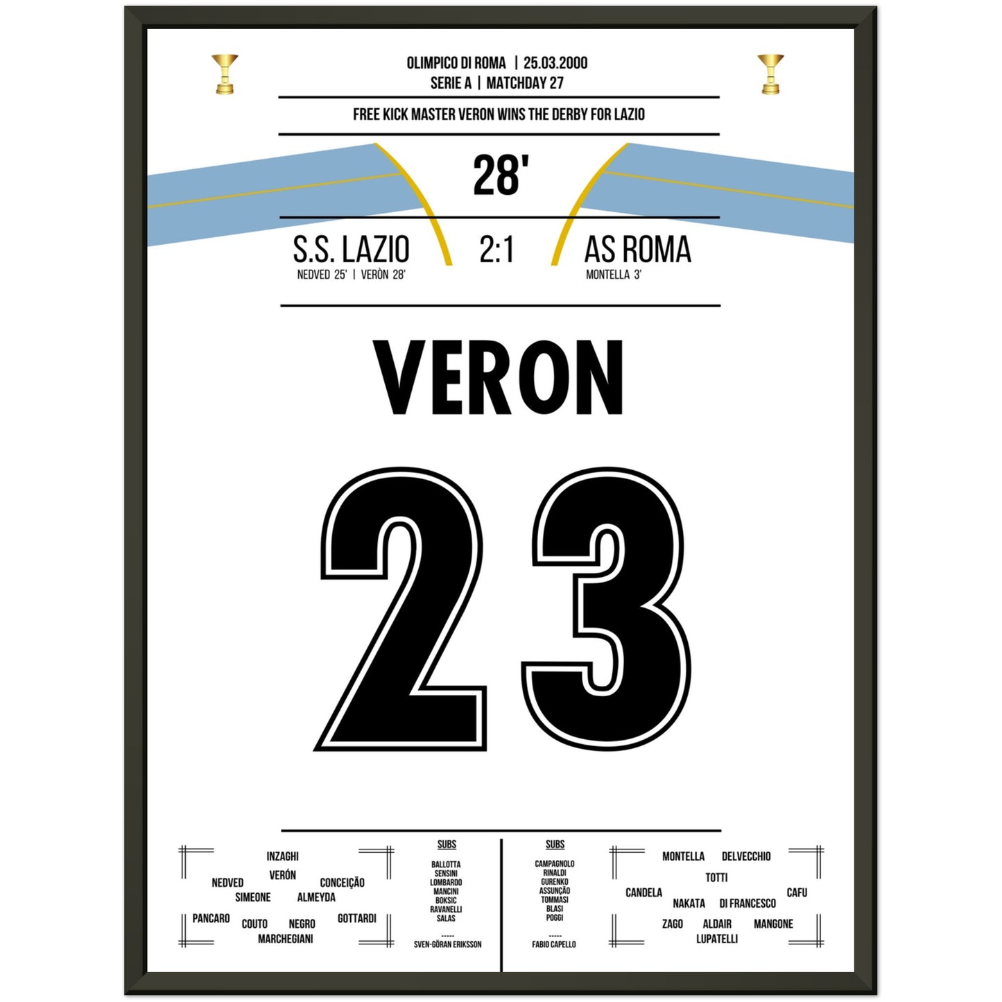 Veron's Freistosstor beim Derbysieg gegen die Roma 45x60-cm-18x24-Schwarzer-Aluminiumrahmen