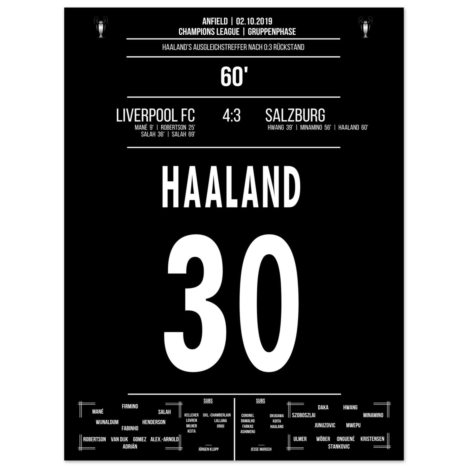 Haaland's Auslgeichstreffer bei Salzburg's wildem Fight in Anfield 2019 30x40-cm-12x16-Ohne-Rahmen