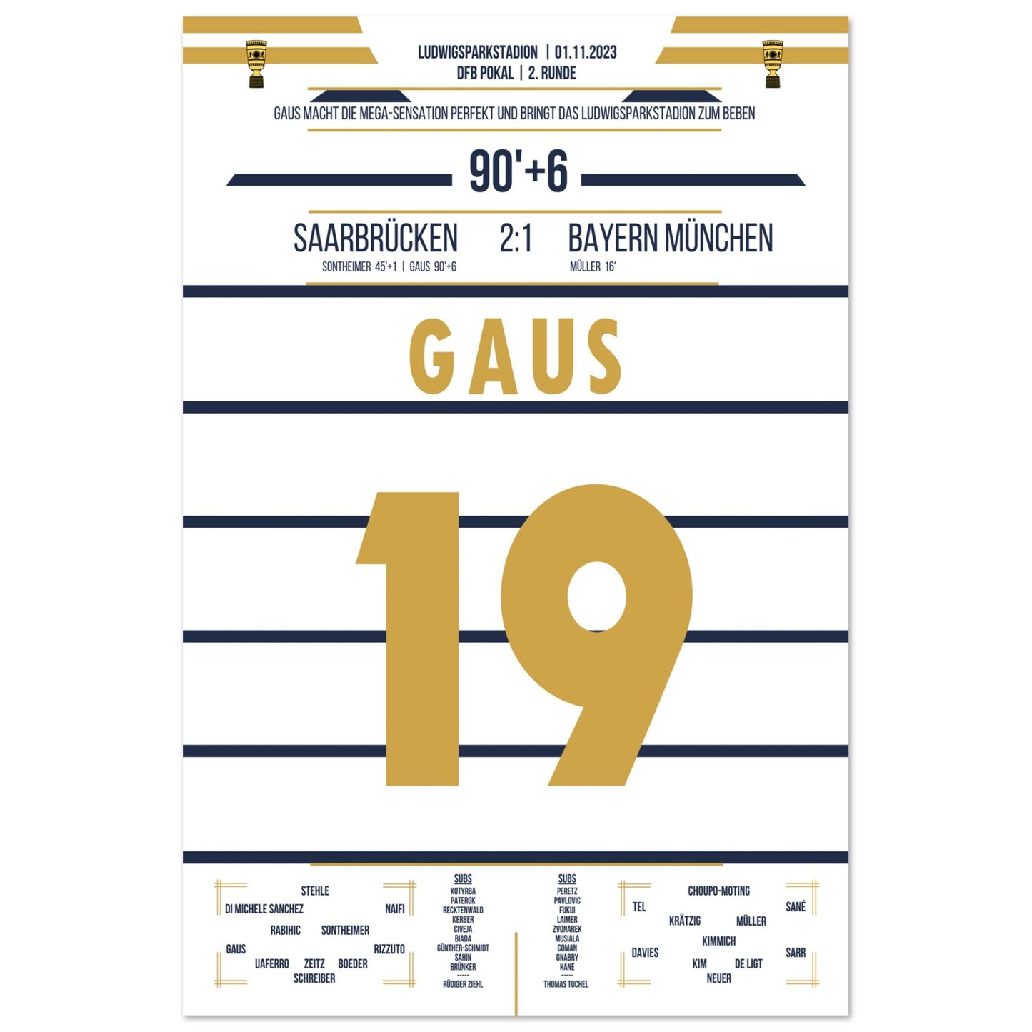 Pokalsensation in Saarbrücken - Gaus schiesst Bayern aus dem Pokal 60x90-cm-24x36-Ohne-Rahmen