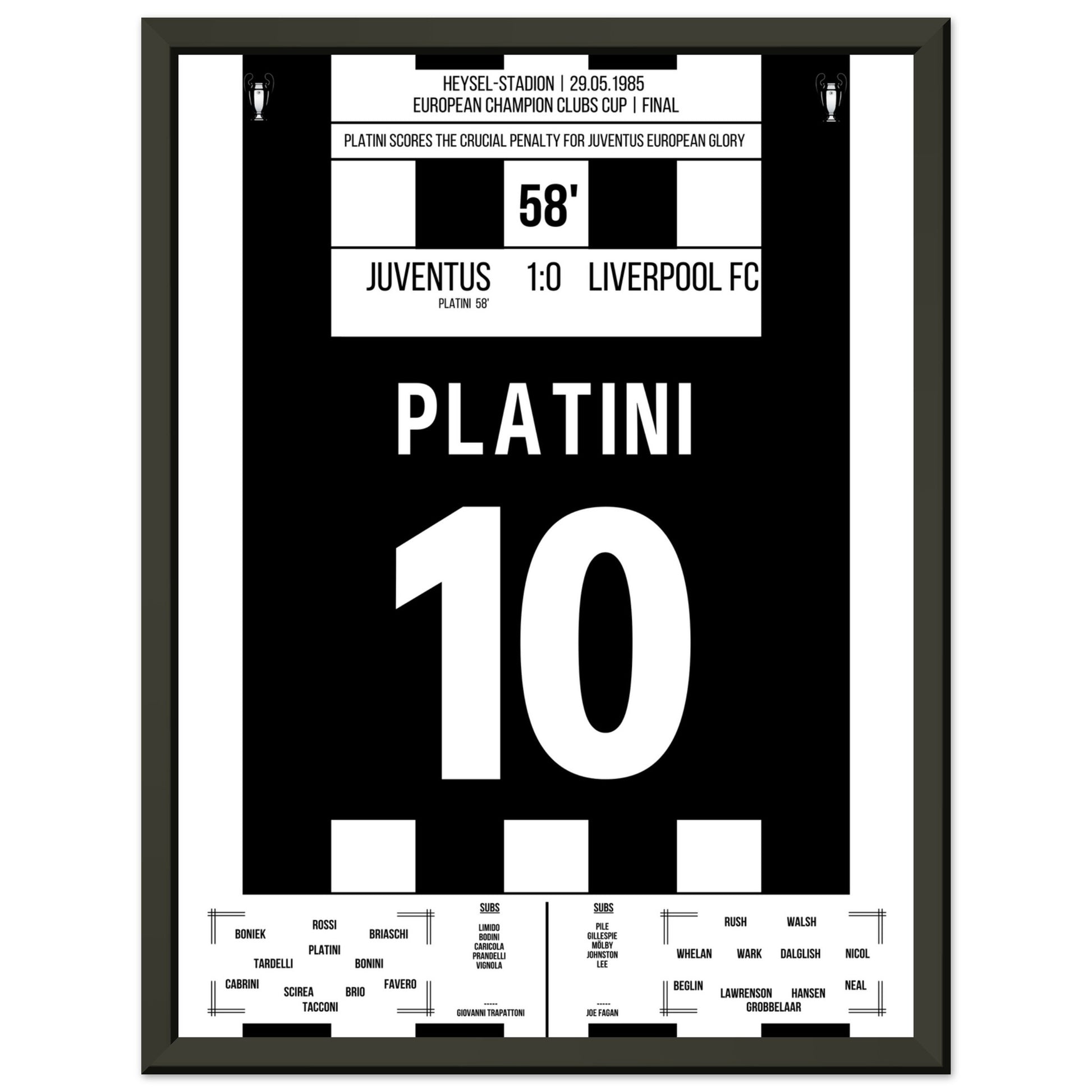 Platini mit entscheidendem Elfmeter gegen Liverpool im Europapokalfinale 1985 30x40-cm-12x16-Schwarzer-Aluminiumrahmen