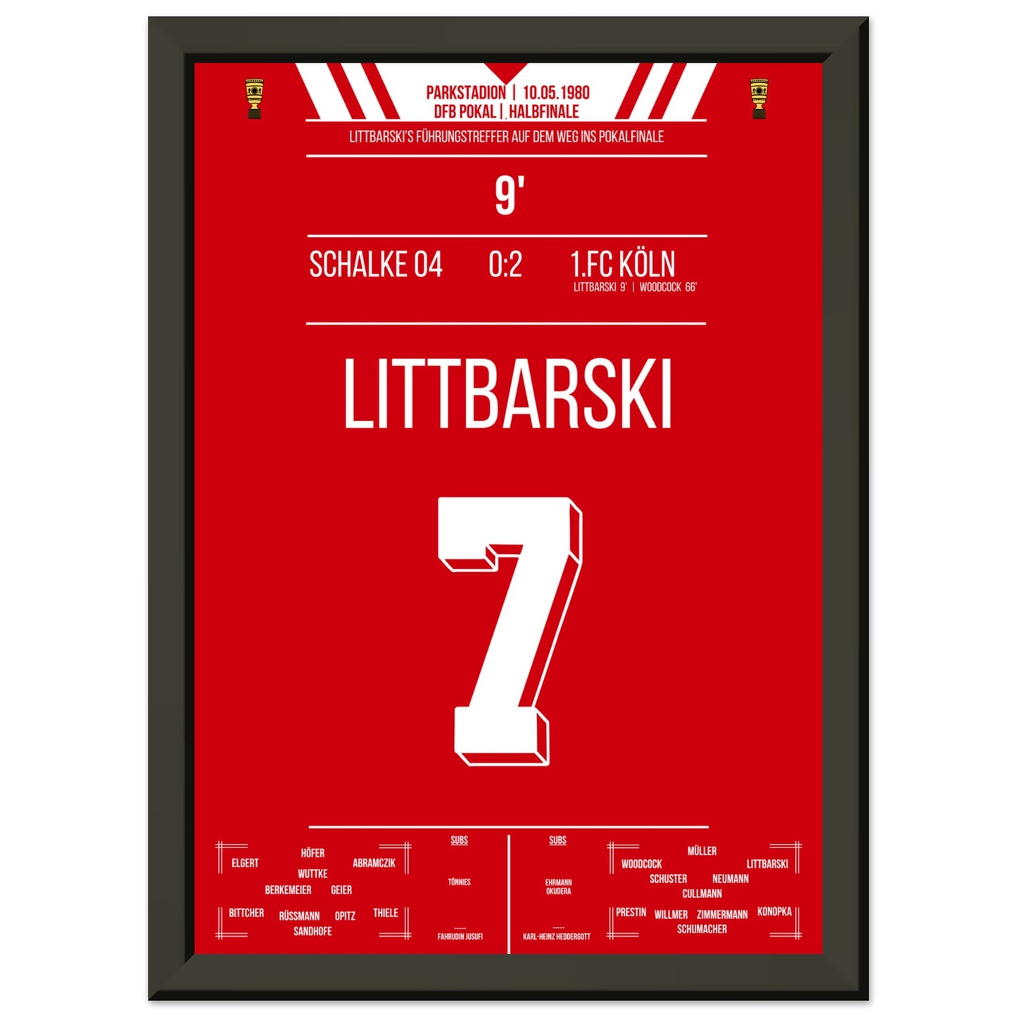 Littbarski's Führungstreffer im Pokalhalbfinale gegen Schalke 1980 A4-21x29.7-cm-8x12-Schwarzer-Aluminiumrahmen