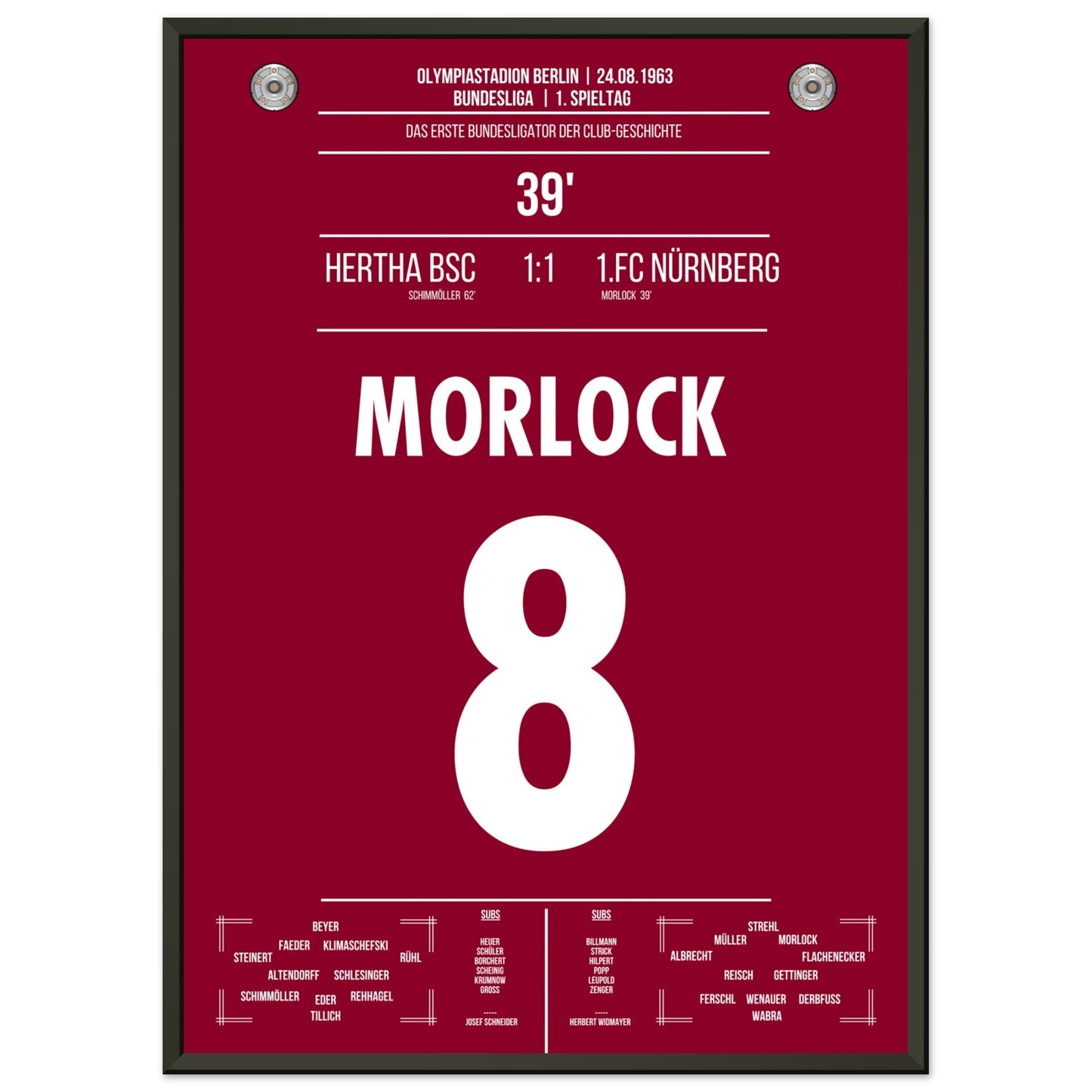 Morlock erzielt das erste Bundesliga-Tor des FCN in 1963 50x70-cm-20x28-Schwarzer-Aluminiumrahmen
