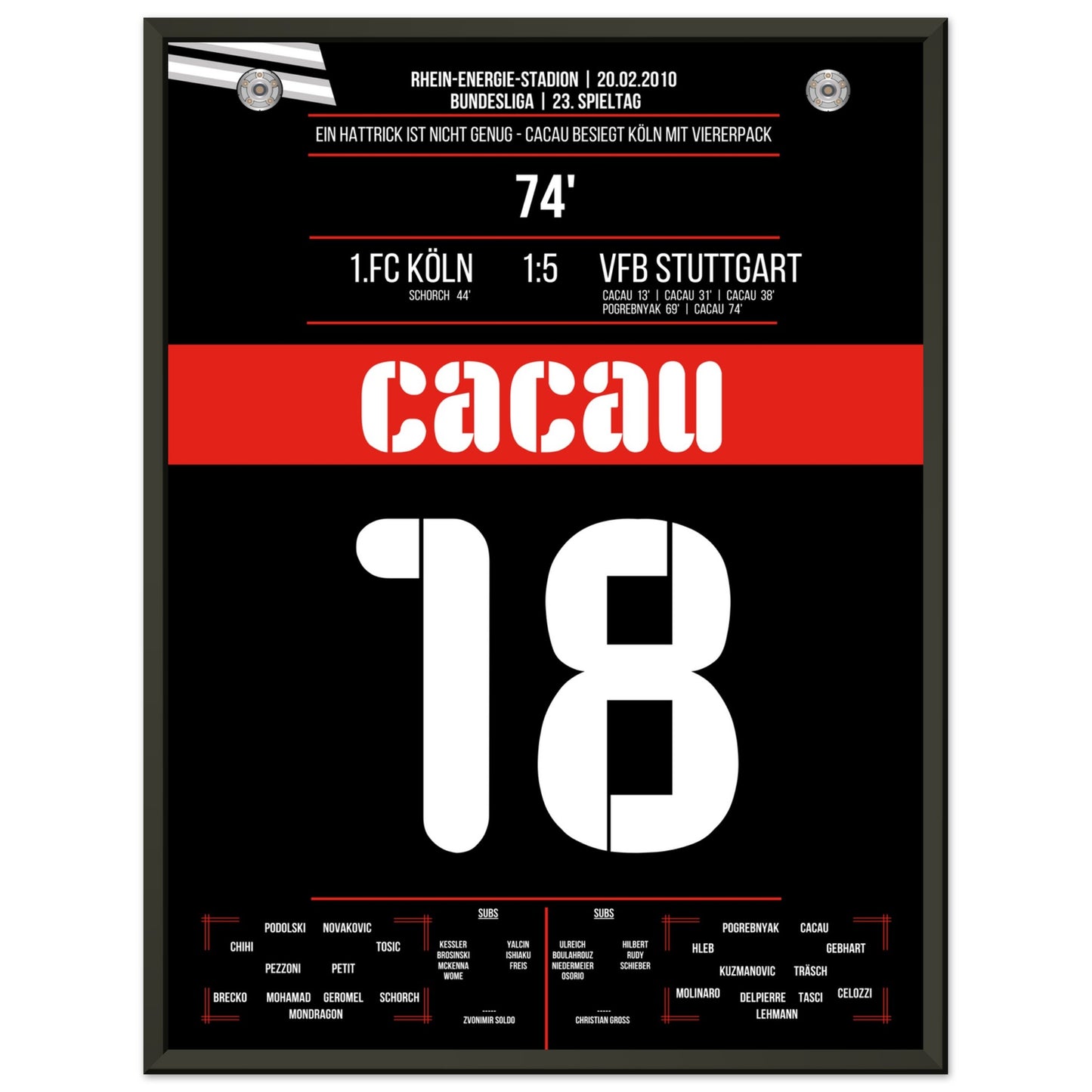 Cacau's Viererpack beim Auswärtsspiel in Köln 2010 45x60-cm-18x24-Schwarzer-Aluminiumrahmen