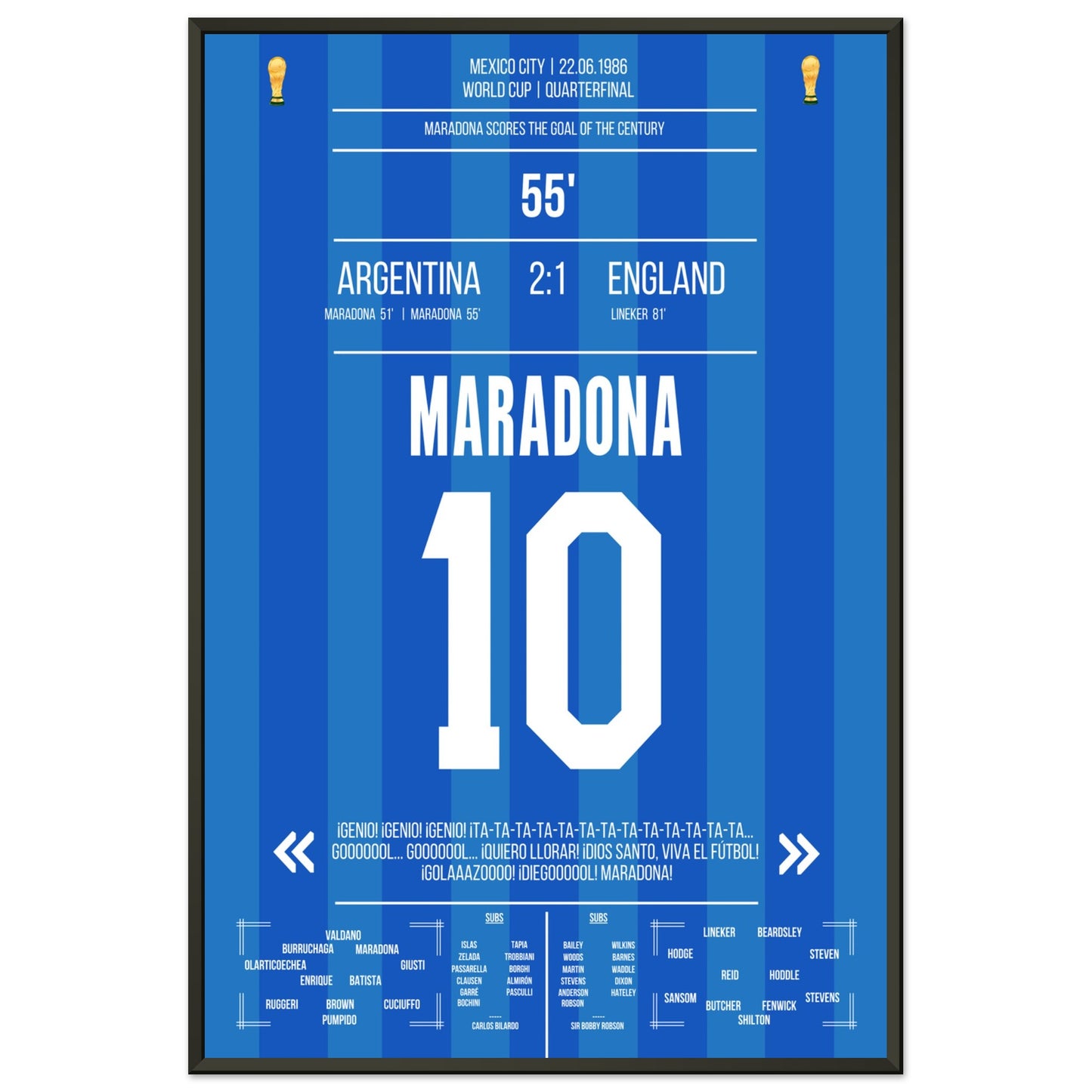 Maradona's Jahrhunderttor gegen England 1986 60x90-cm-24x36-Schwarzer-Aluminiumrahmen