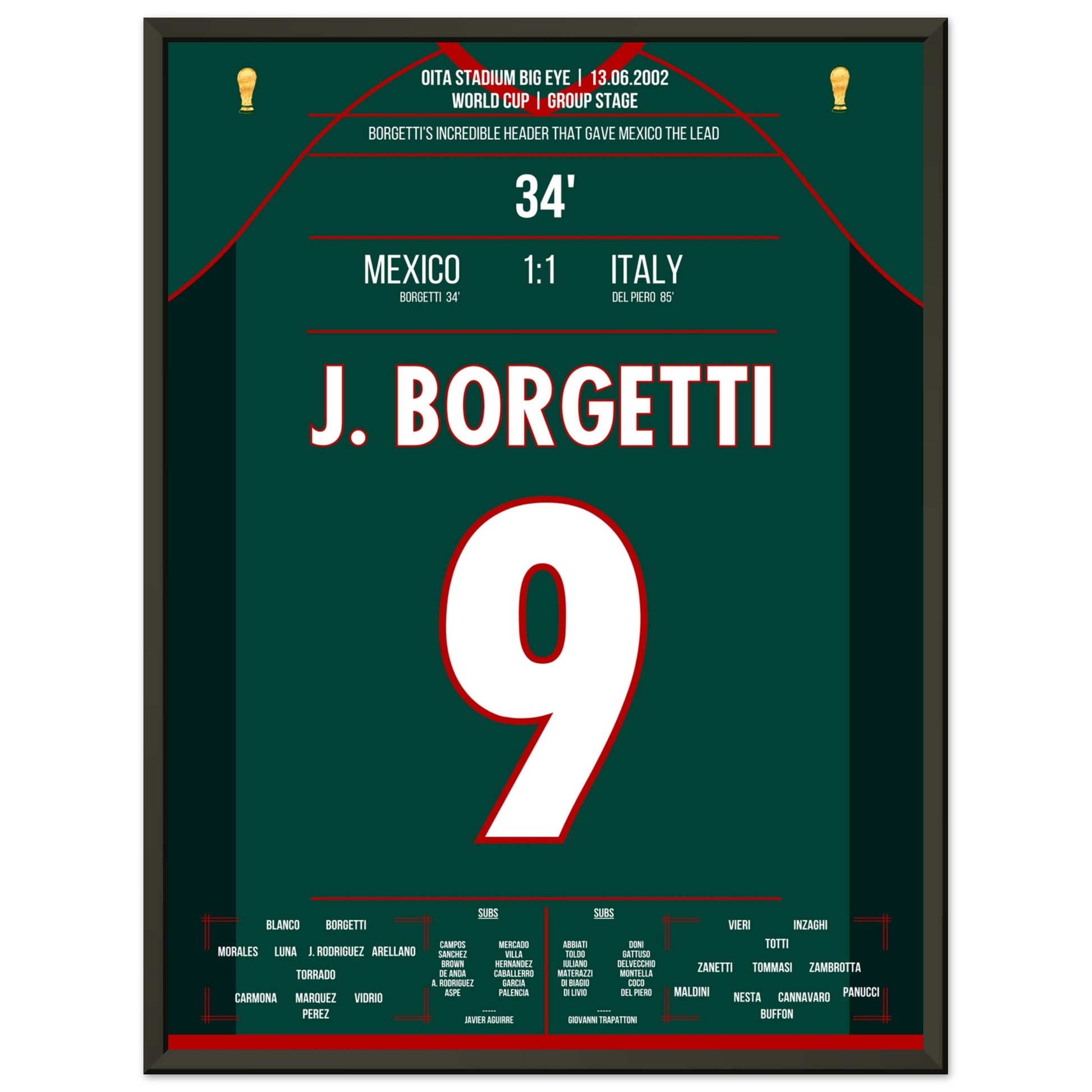 Borgetti's sensationelles Kopfballtor gegen Buffon bei der WM 2002 45x60-cm-18x24-Schwarzer-Aluminiumrahmen