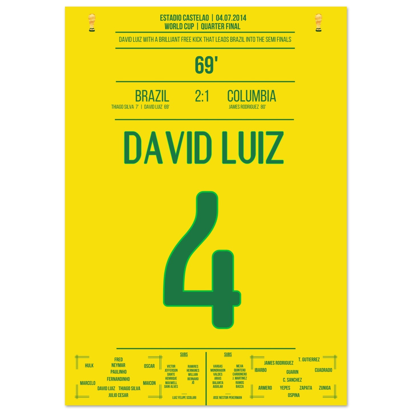 David Luiz Freistoß-Tor gegen Kolumbien bei der WM 2014 A4-21x29.7-cm-8x12-Ohne-Rahmen