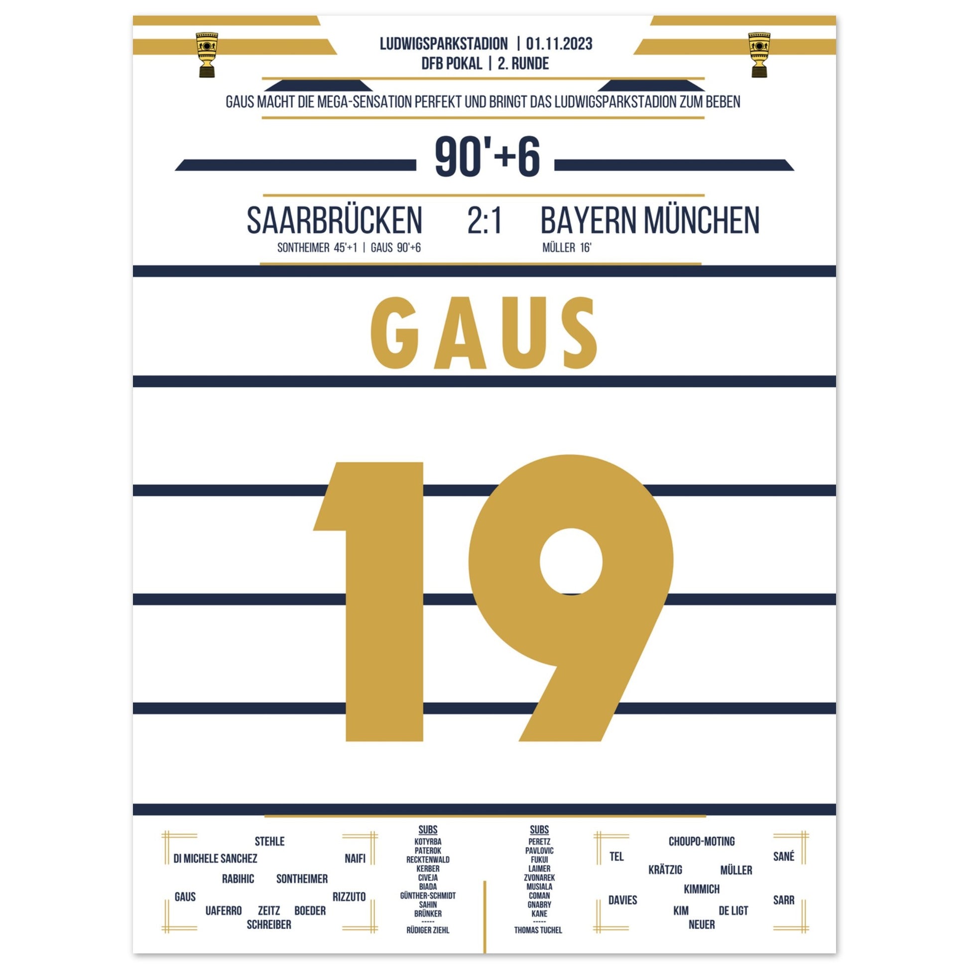 Pokalsensation in Saarbrücken - Gaus schiesst Bayern aus dem Pokal 30x40-cm-12x16-Ohne-Rahmen