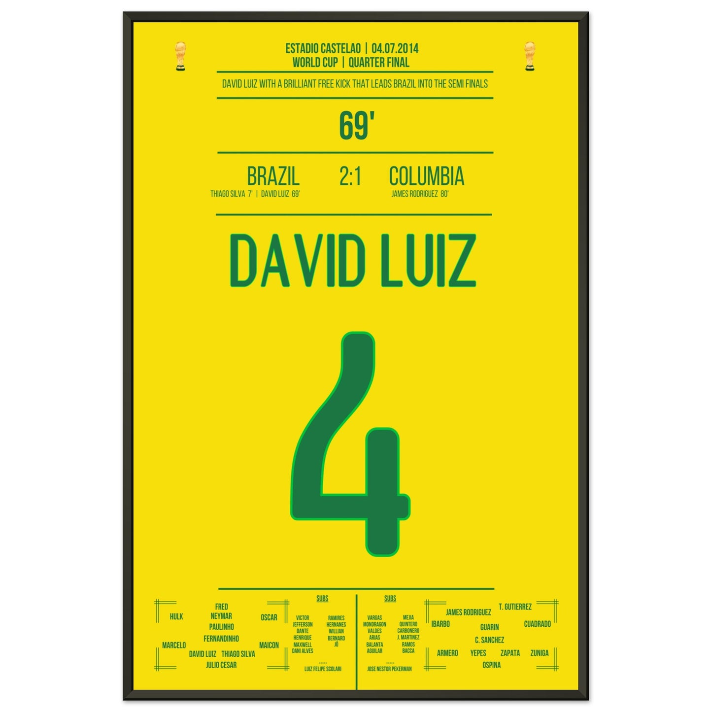 David Luiz Freistoß-Tor gegen Kolumbien bei der WM 2014 60x90-cm-24x36-Schwarzer-Aluminiumrahmen
