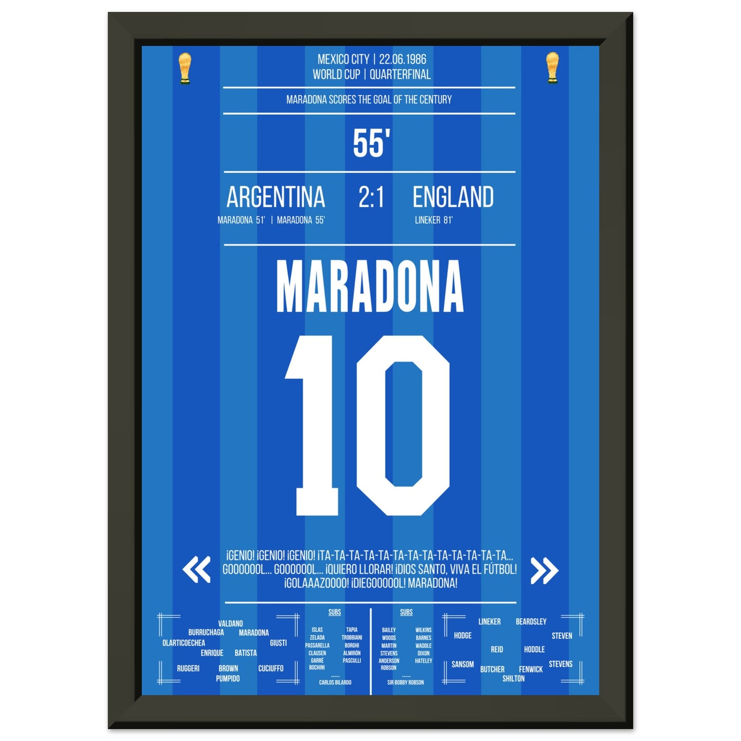 Maradona's Jahrhunderttor gegen England 1986 A4-21x29.7-cm-8x12-Schwarzer-Aluminiumrahmen