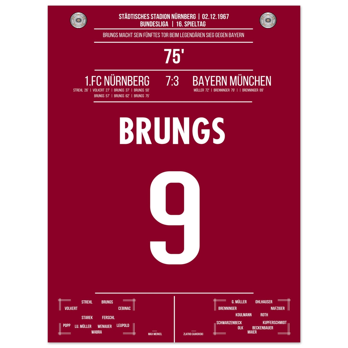 Brungs 5er-Pack beim legendären Sieg gegen Bayern 1967 30x40-cm-12x16-Ohne-Rahmen
