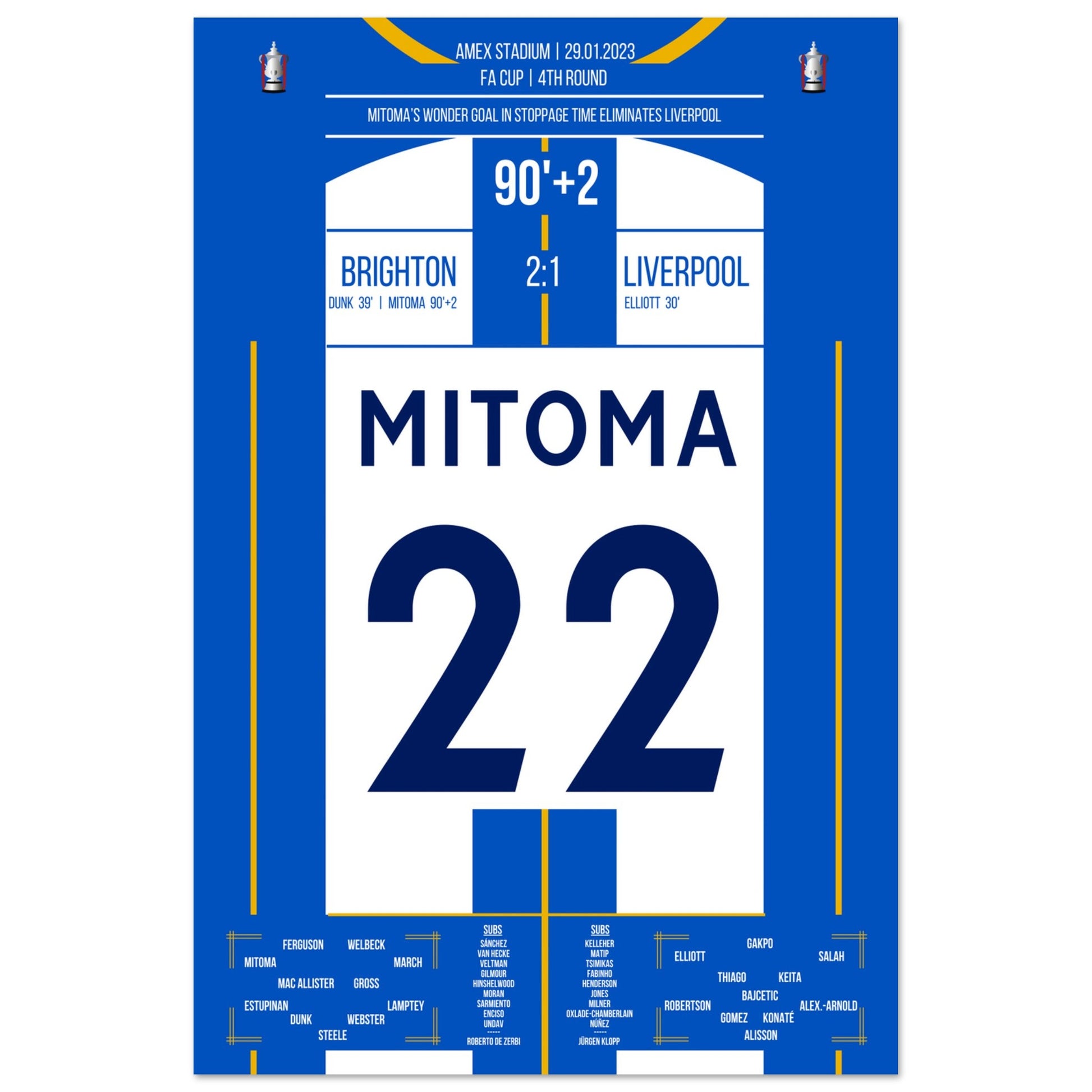 Mitoma's Tor in der Nachspielzeit im FA Cup gegen Liverpool 60x90-cm-24x36-Ohne-Rahmen