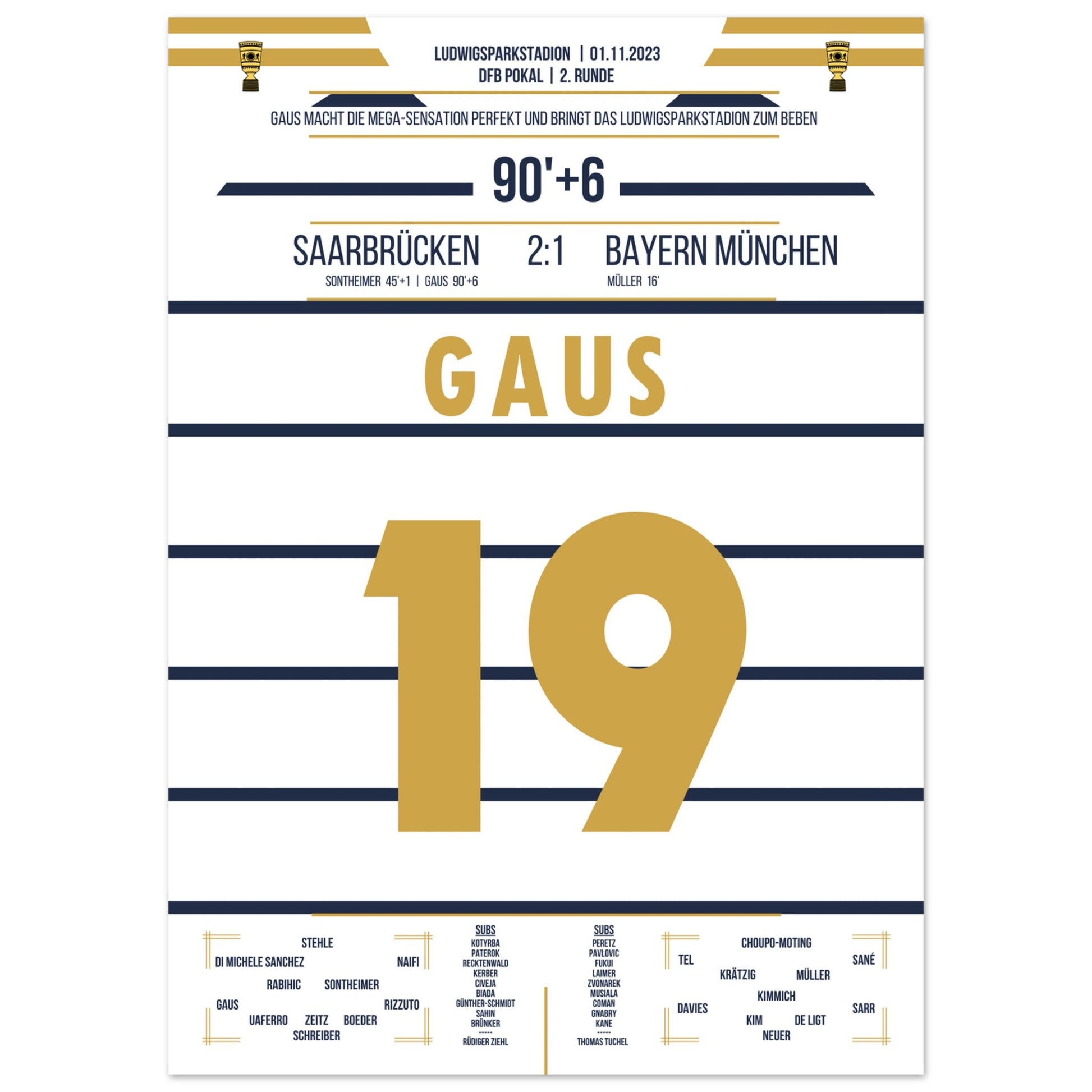Pokalsensation in Saarbrücken - Gaus schiesst Bayern aus dem Pokal 50x70-cm-20x28-Ohne-Rahmen