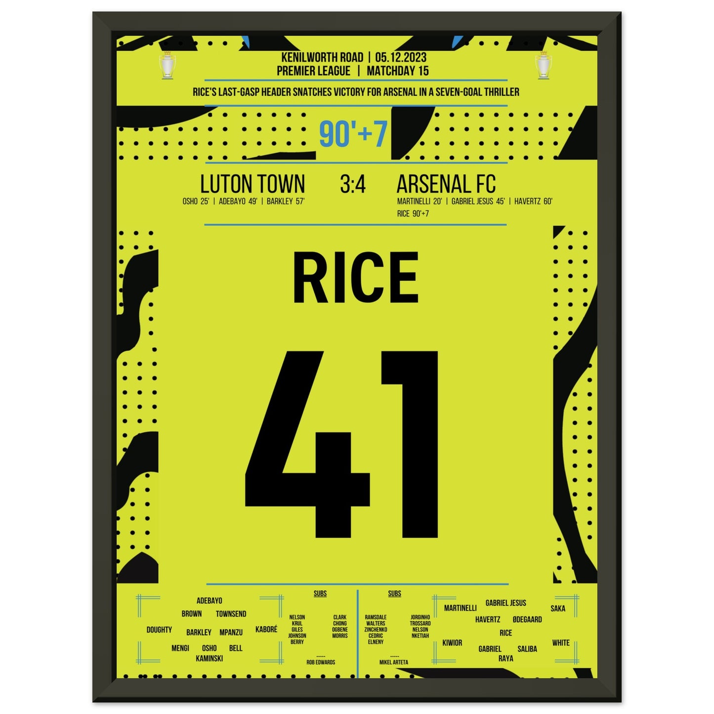 Rice köpft Arsenal in letzter Sekunde zum Auswärtssieg 30x40-cm-12x16-Schwarzer-Aluminiumrahmen