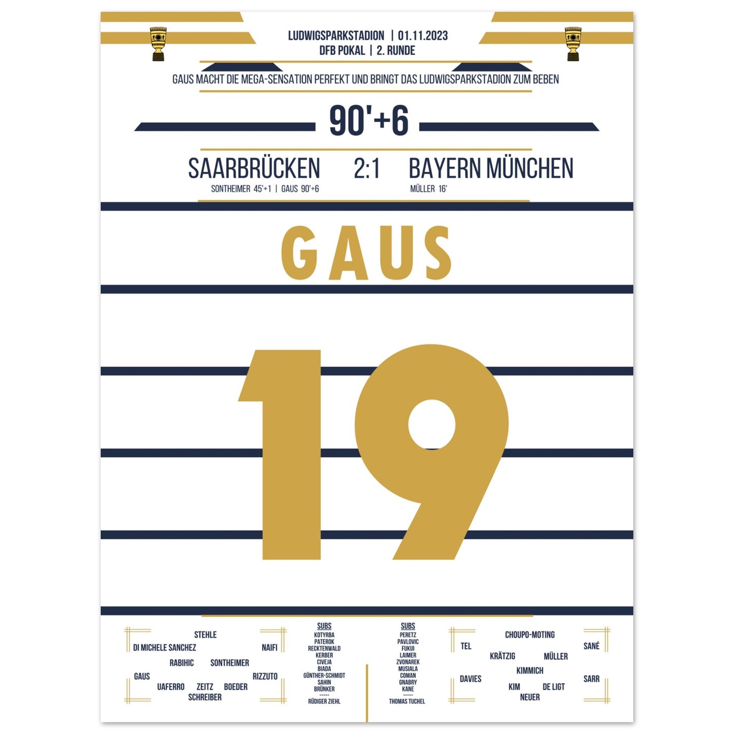 Pokalsensation in Saarbrücken - Gaus schiesst Bayern aus dem Pokal 45x60-cm-18x24-Ohne-Rahmen