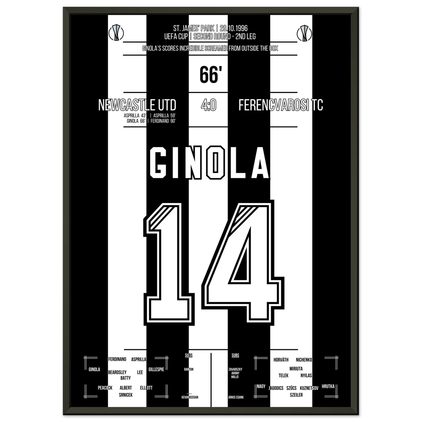 Ginola's Traumtor gegen Ferencvaros 1996 50x70-cm-20x28-Schwarzer-Aluminiumrahmen