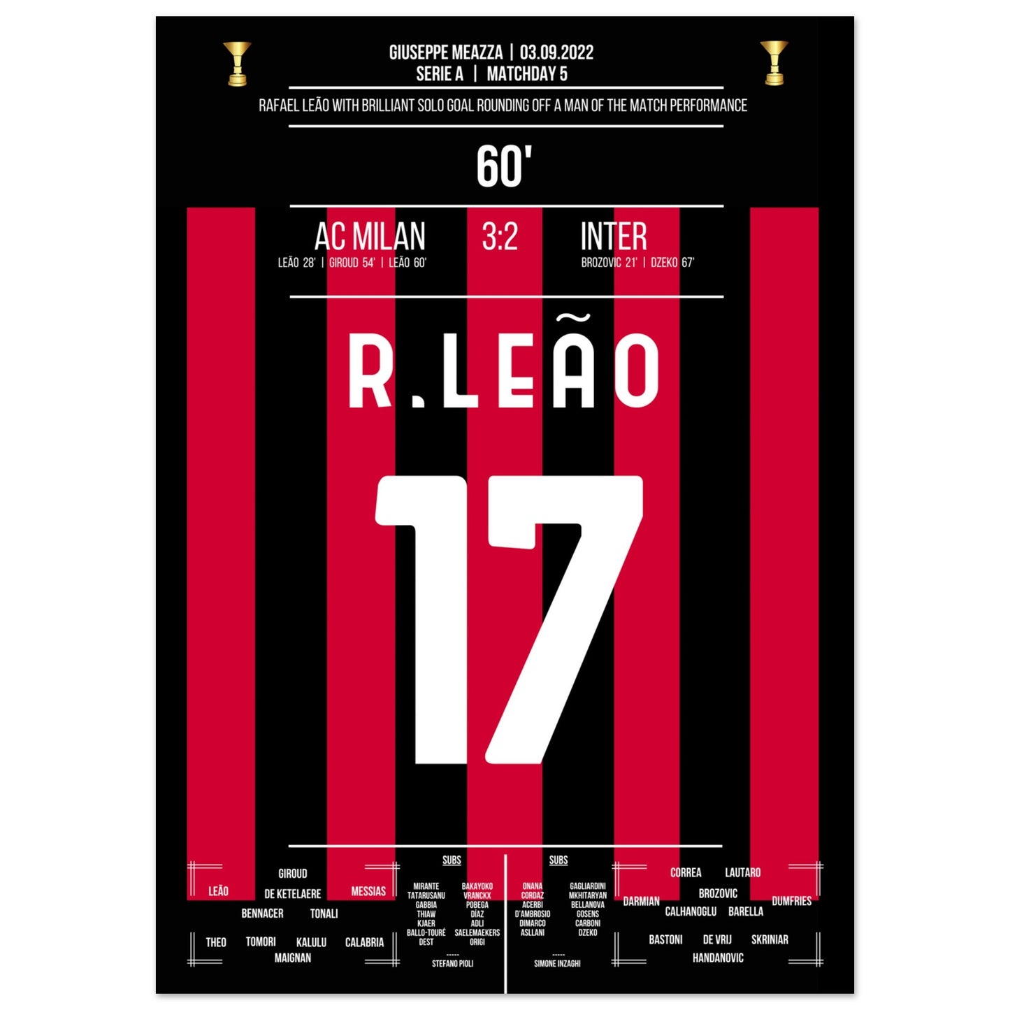 Man Of The Match Performance von Rafael Leão im Derby gegen Inter 50x70-cm-20x28-Ohne-Rahmen