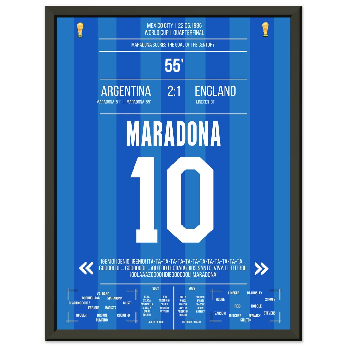 Maradona's Jahrhunderttor gegen England 1986 30x40-cm-12x16-Schwarzer-Aluminiumrahmen