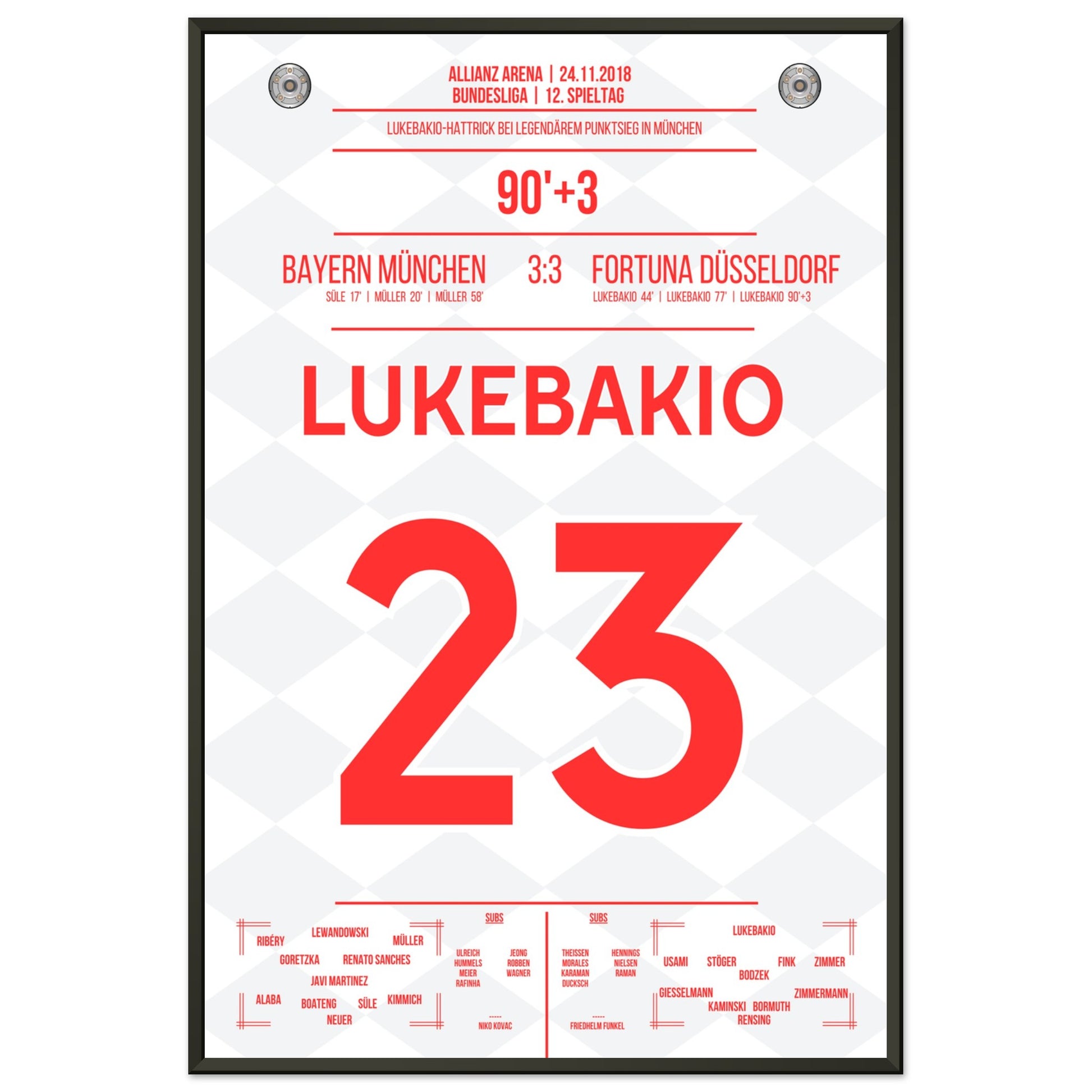 Lukebakio Hattrick gegen Bayern in 2018 60x90-cm-24x36-Schwarzer-Aluminiumrahmen