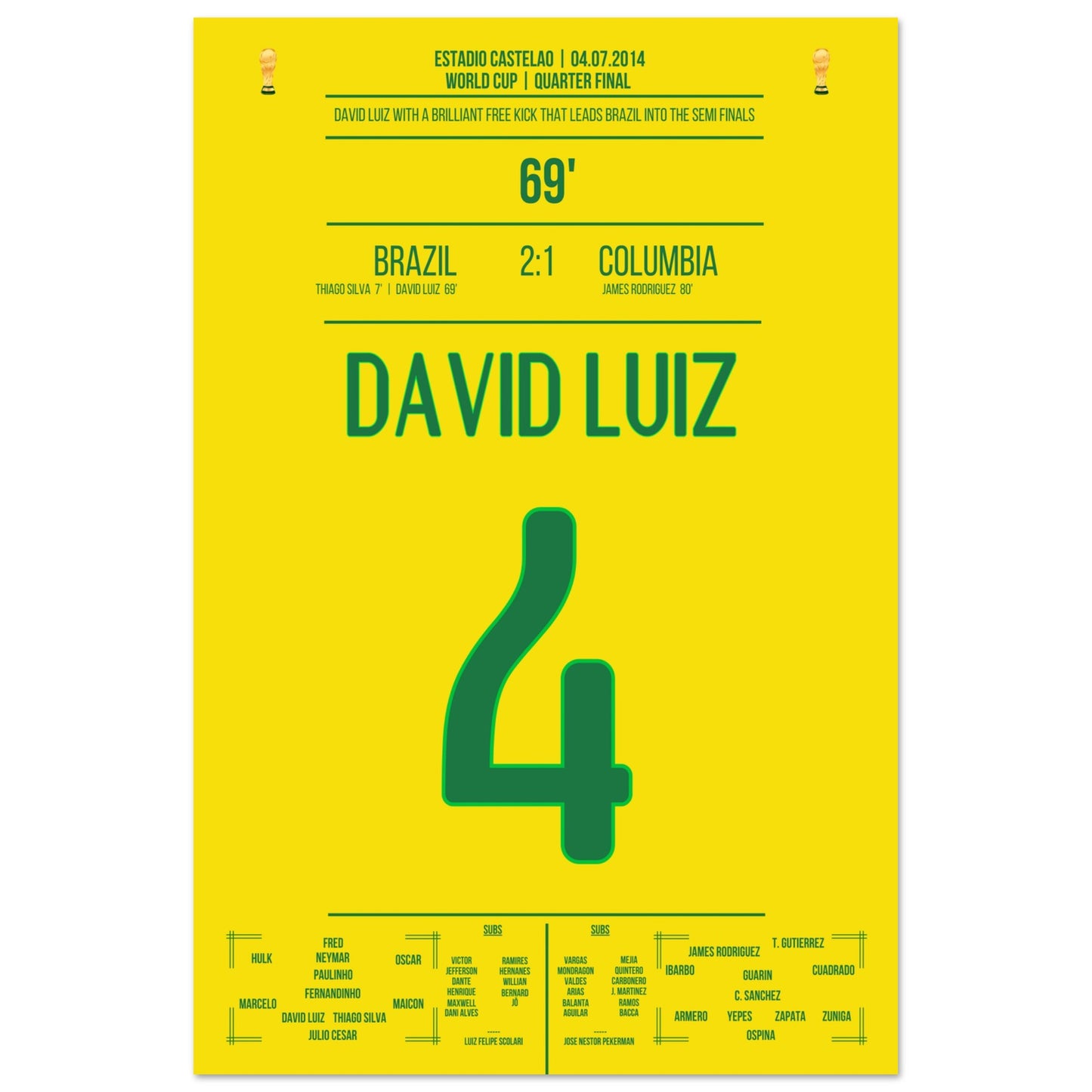 David Luiz Freistoß-Tor gegen Kolumbien bei der WM 2014 60x90-cm-24x36-Ohne-Rahmen