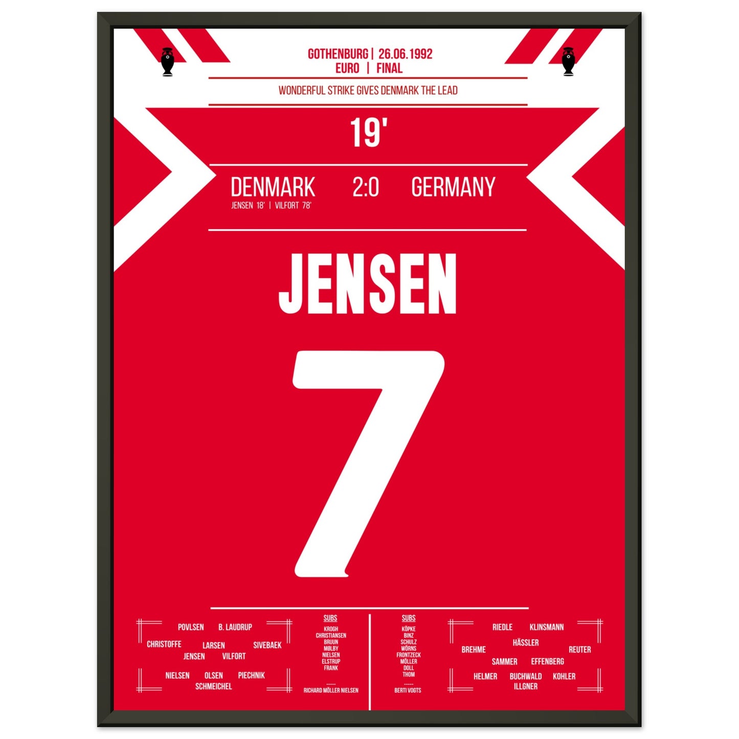 Jensen's Tor zur Führung für Dänemark im Finale der Euro 1992 45x60-cm-18x24-Schwarzer-Aluminiumrahmen